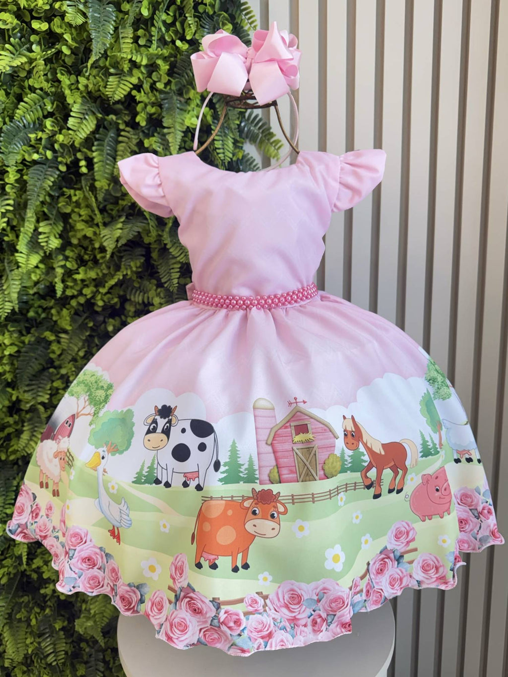 Vestido Infantil Rosa com Pérolas para Festas Baby Fazendinha