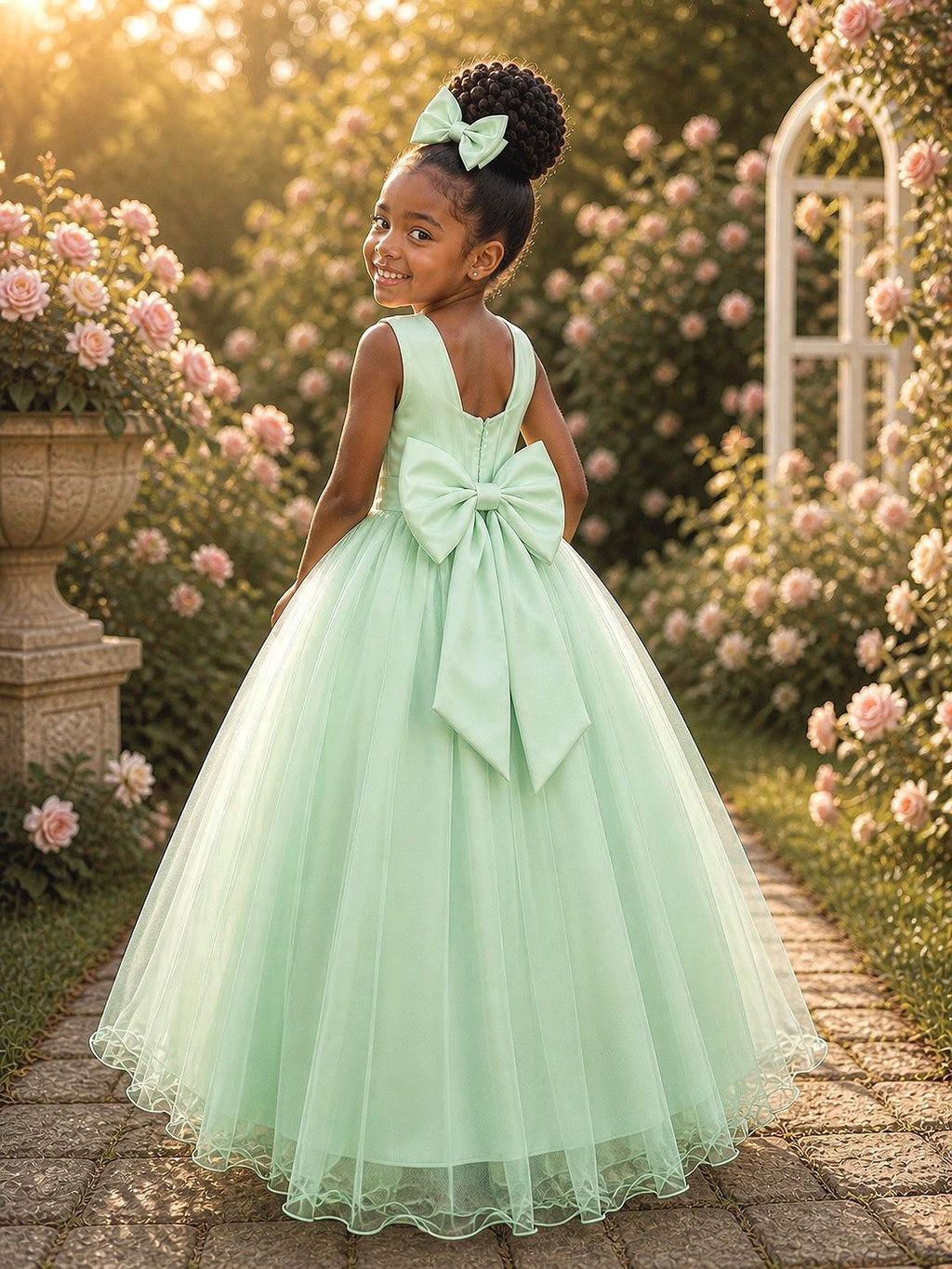 Vestido Infantil Longo Verde Menta com Renda e Pérolas para Festas