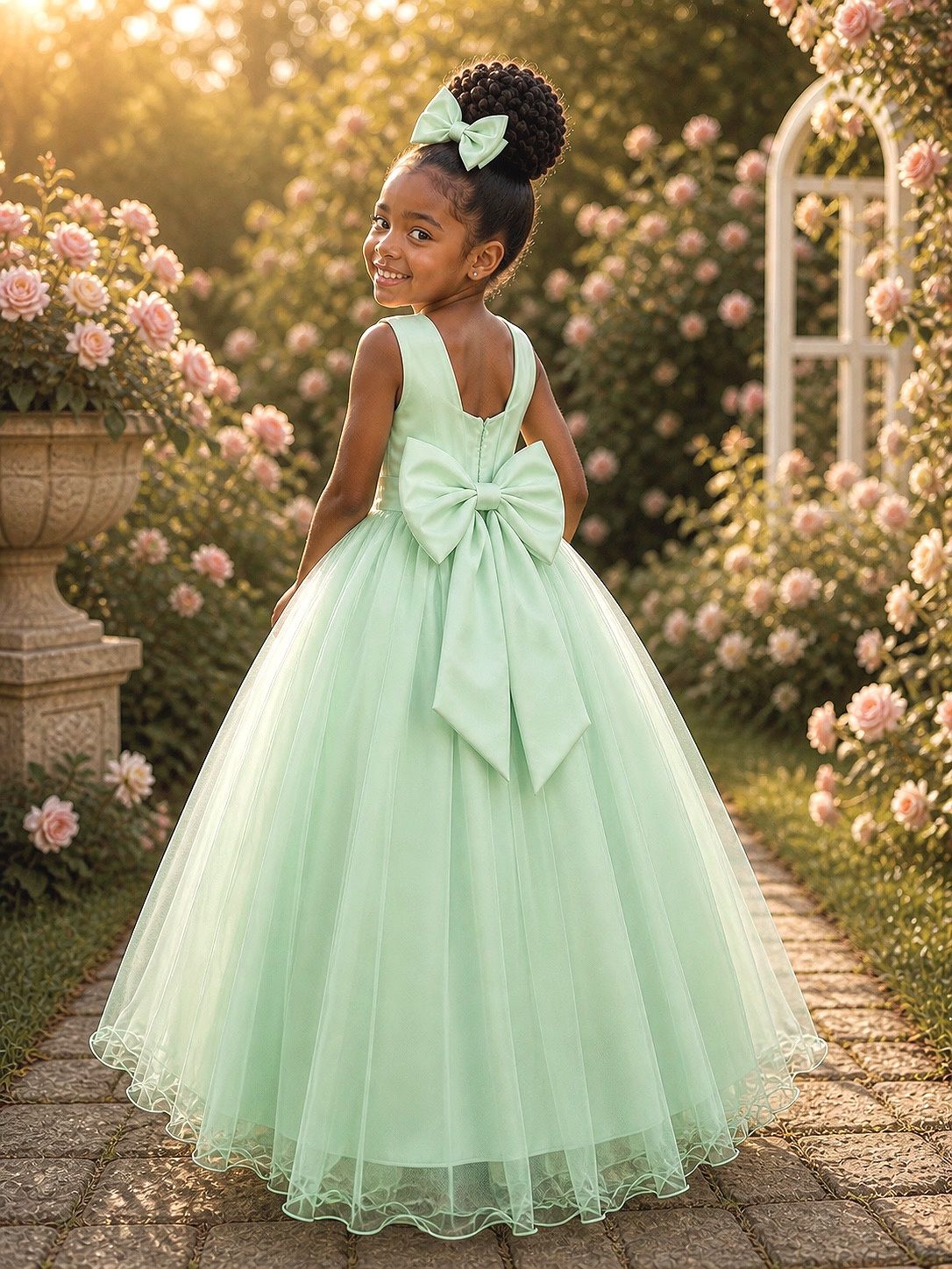 Vestido Infantil Longo Verde Menta com Renda e Pérolas para Festas