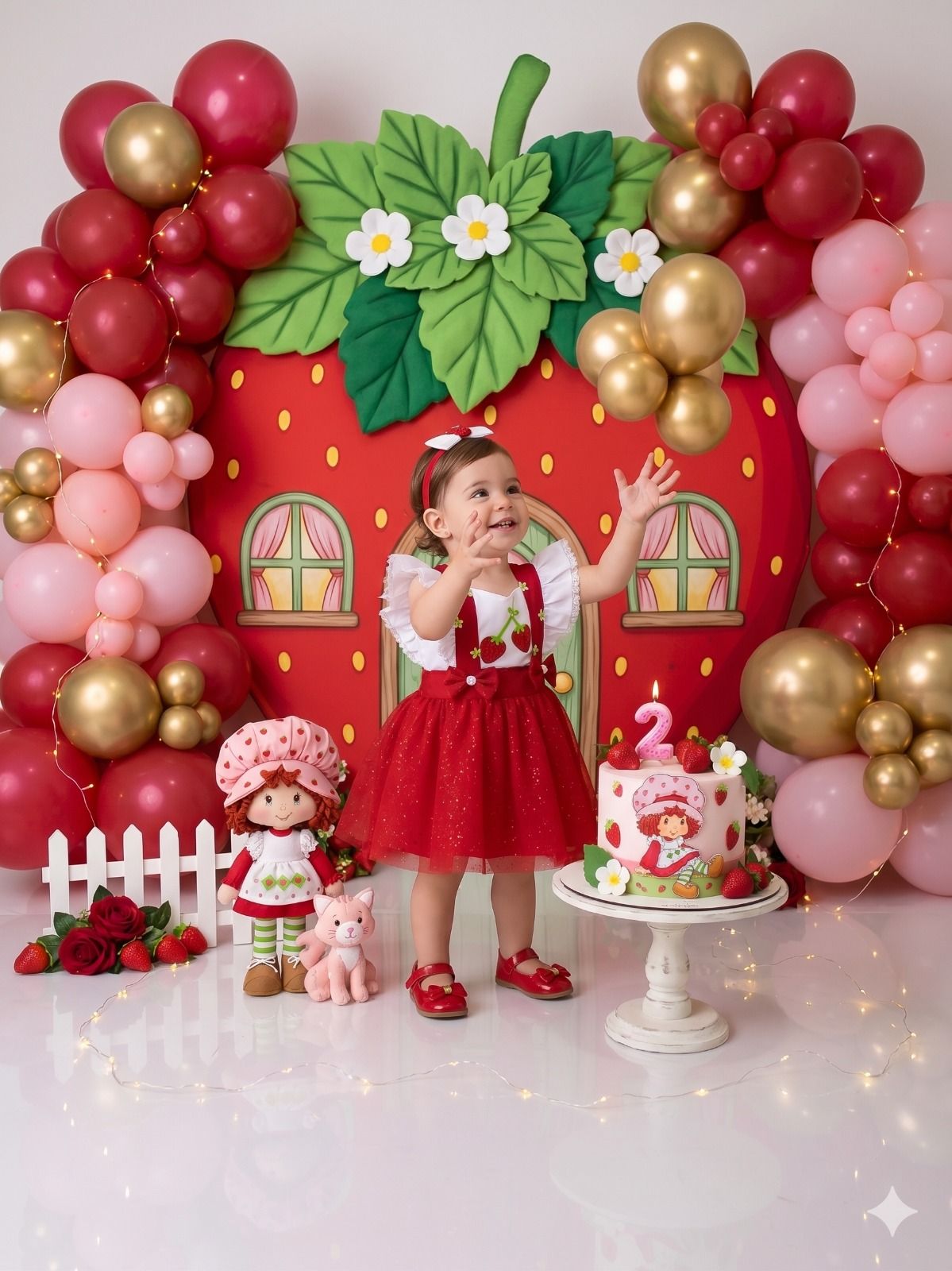 Vestido Temático Moranguinho Vermelho com Branco para Meninas de 3 Meses a 2 Anos