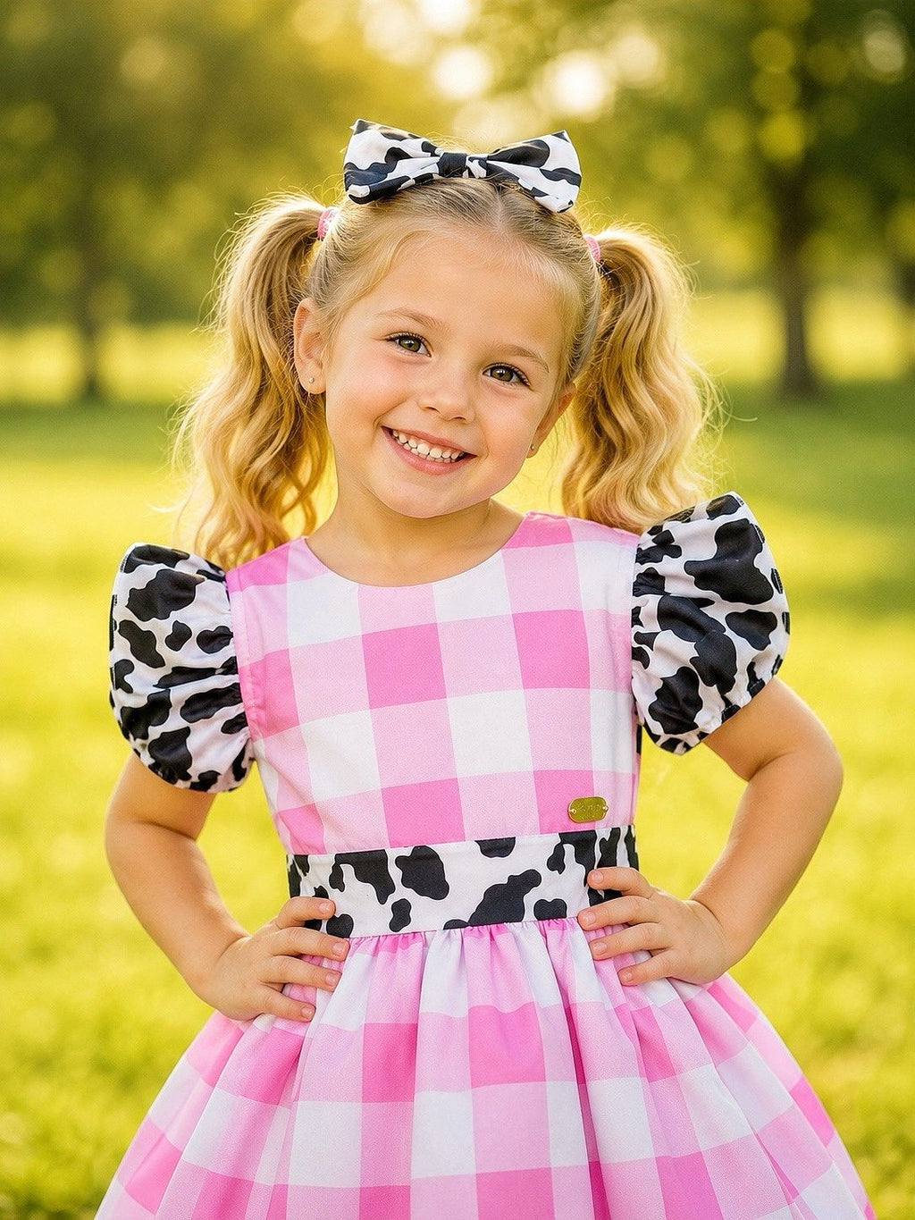 Vestido Infantil Xadrez Branco e Rosa com Estampa de Vaquinha