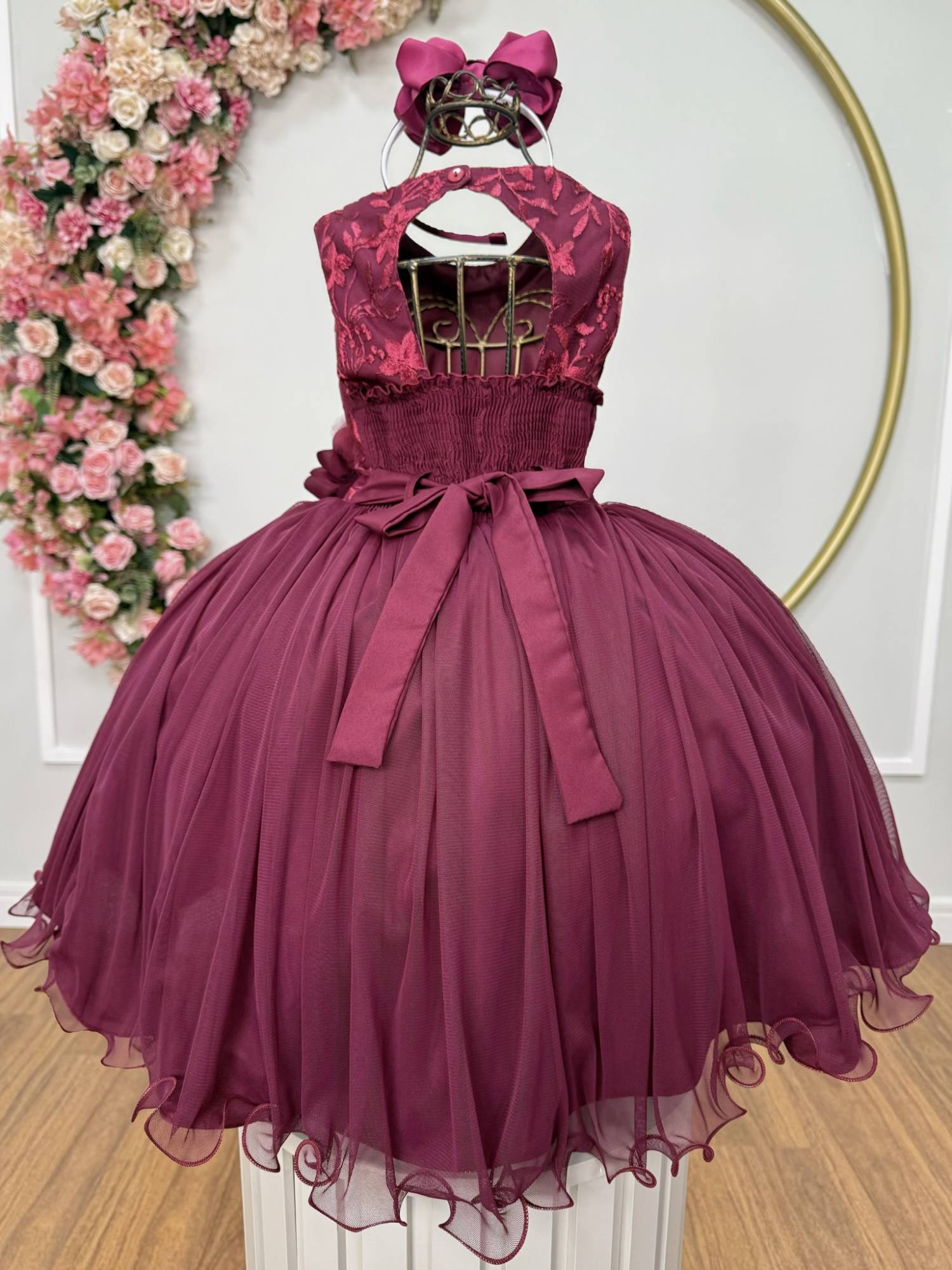 Vestido Infantil Luxo Marsala com Renda e Flores em Aplique