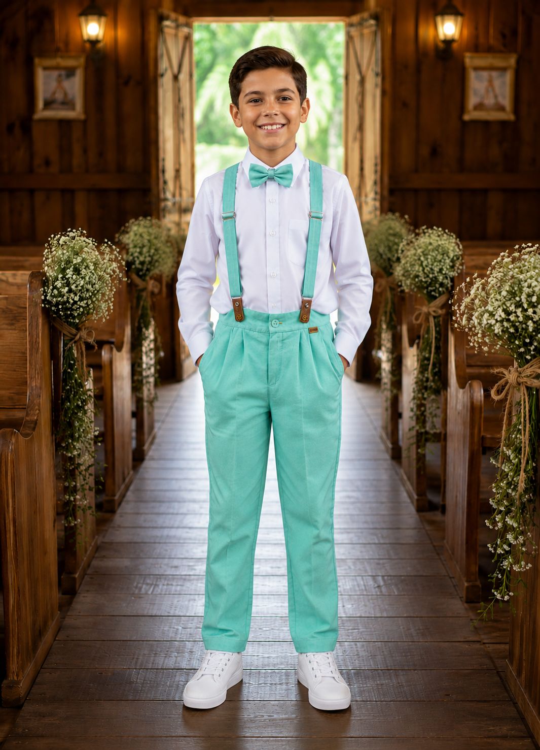 Conjunto Social Pajem Camisa Branca com Calça Verde e Suspensório