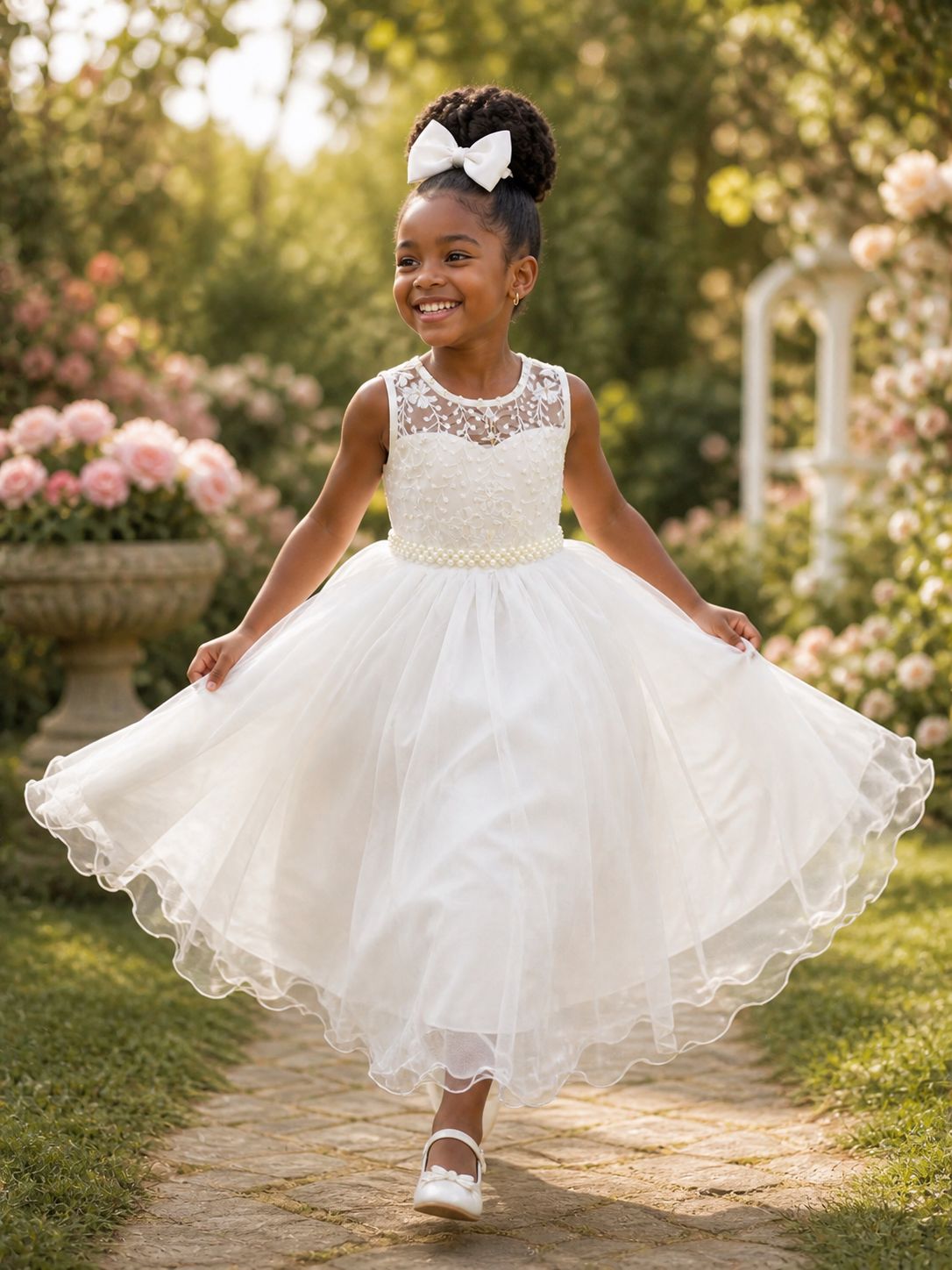 Vestido Infantil Longo Off White Com Renda e Pérolas para Damas de Luxo