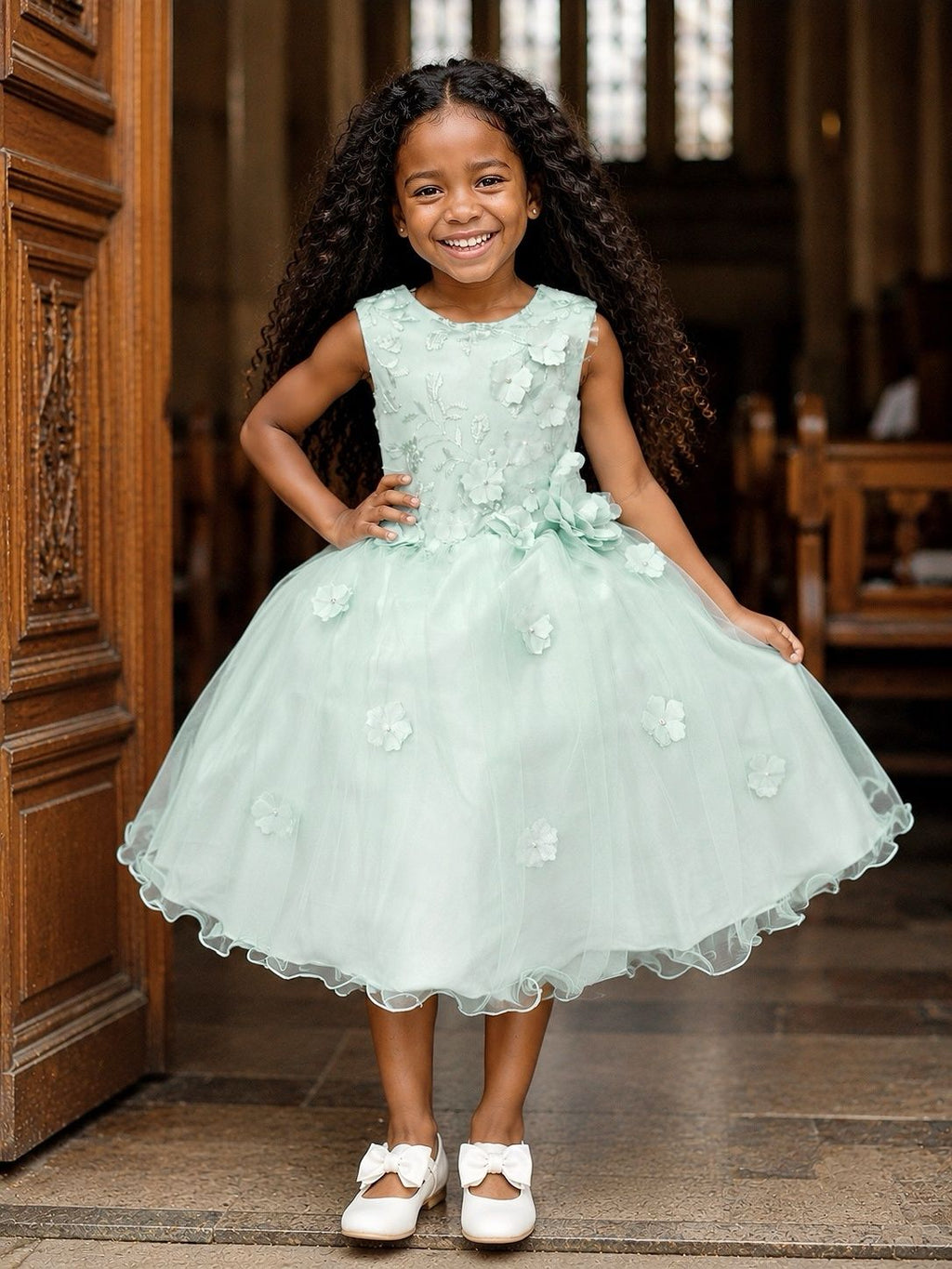 Vestido Infantil Verde Acqua Com Renda e Aplique de Flores