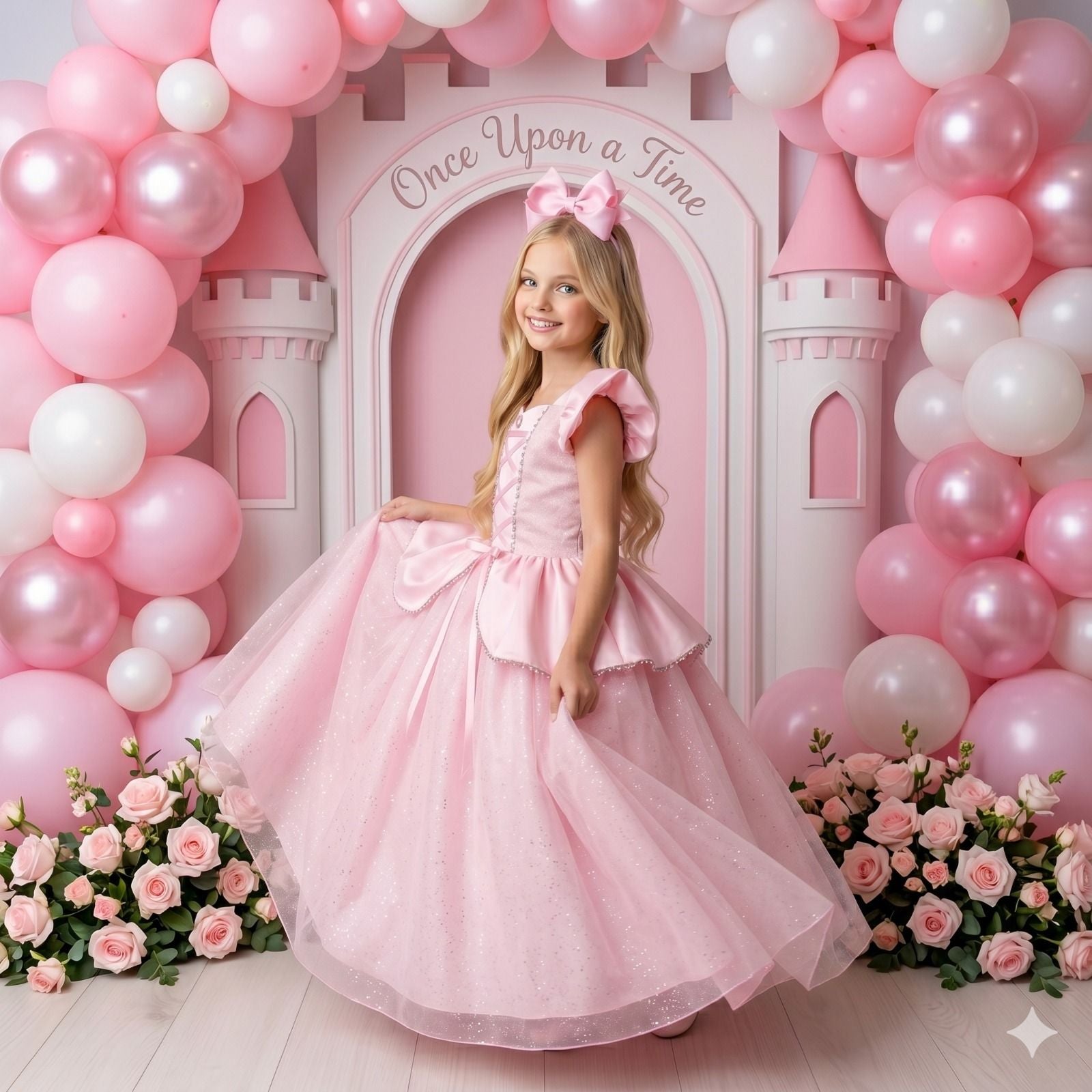 Vestido Longo A Bela Adormecida para Mini Miss com Tule Brilhante e Mangas Bufantes