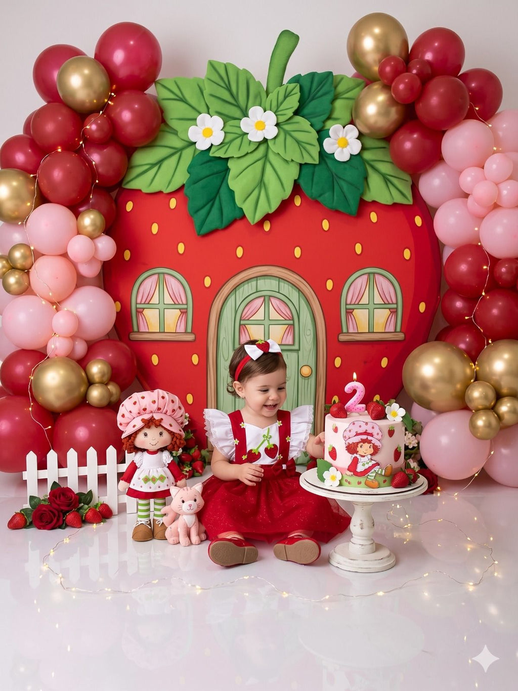 Vestido Temático Moranguinho Vermelho com Branco para Meninas de 3 Meses a 2 Anos