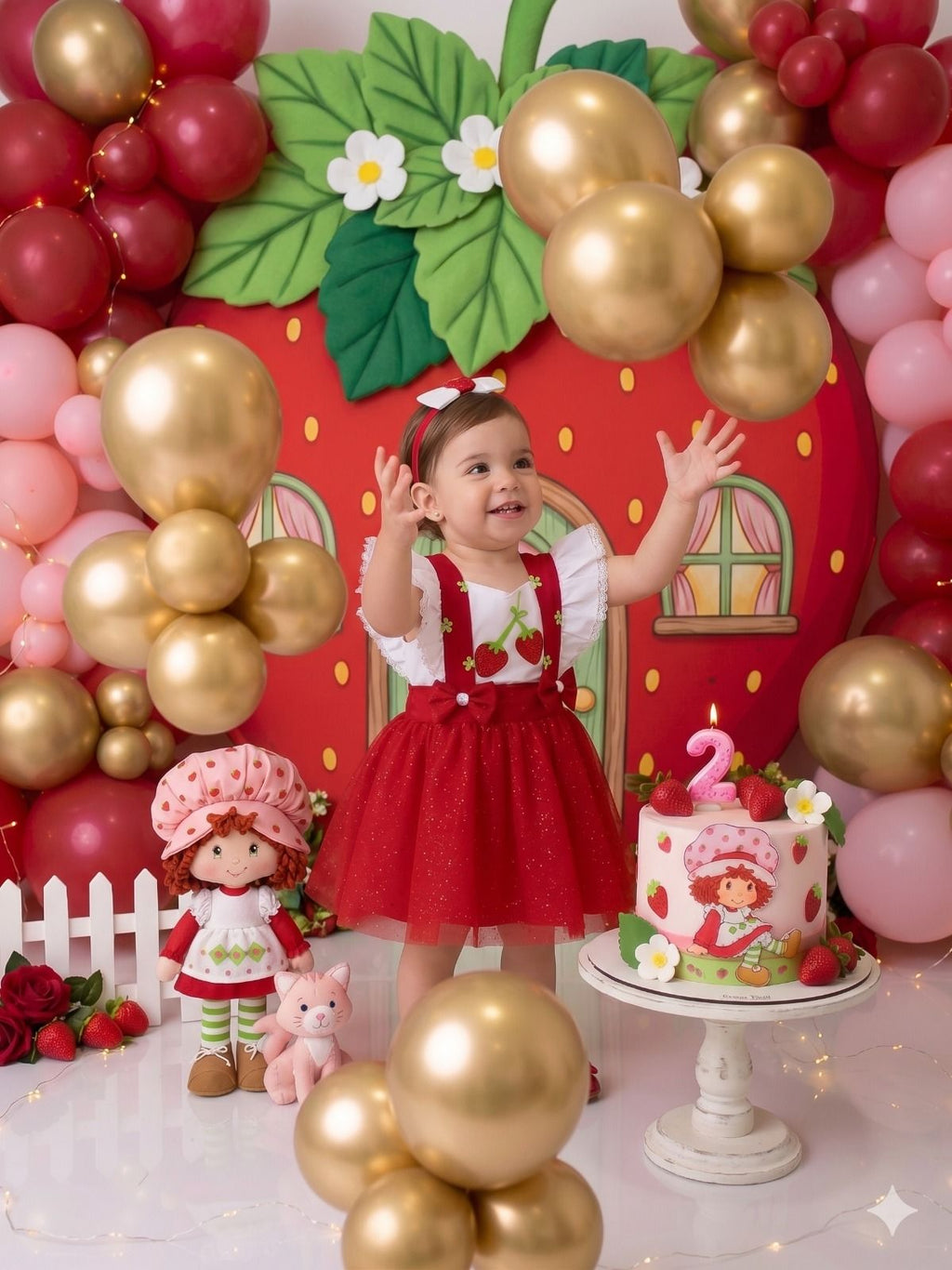 Vestido Temático Moranguinho Vermelho com Branco para Meninas de 3 Meses a 2 Anos