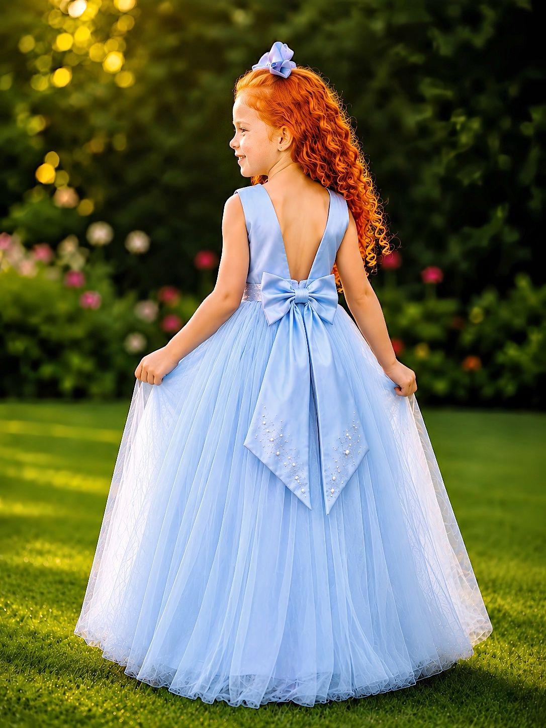Vestido Longo Infantil Azul com Strass e Pérolas para Damas de Honra