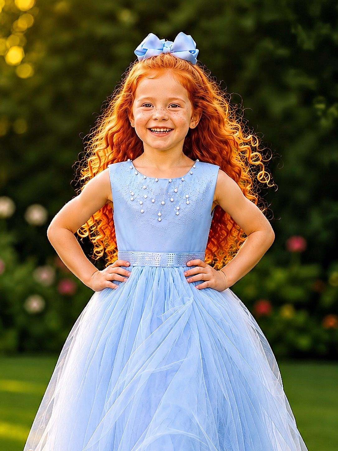 Vestido Longo Infantil Azul com Strass e Pérolas para Damas de Honra