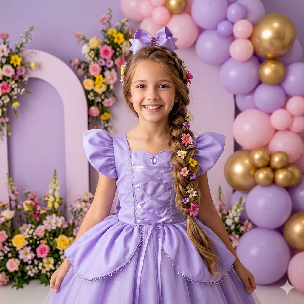 Vestido Longo Rapunzel para Mini Miss com Tule Brilhante e Mangas Bufantes