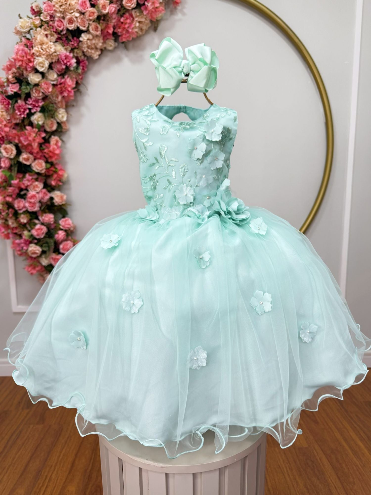 Vestido Infantil Verde Acqua Com Renda e Aplique de Flores