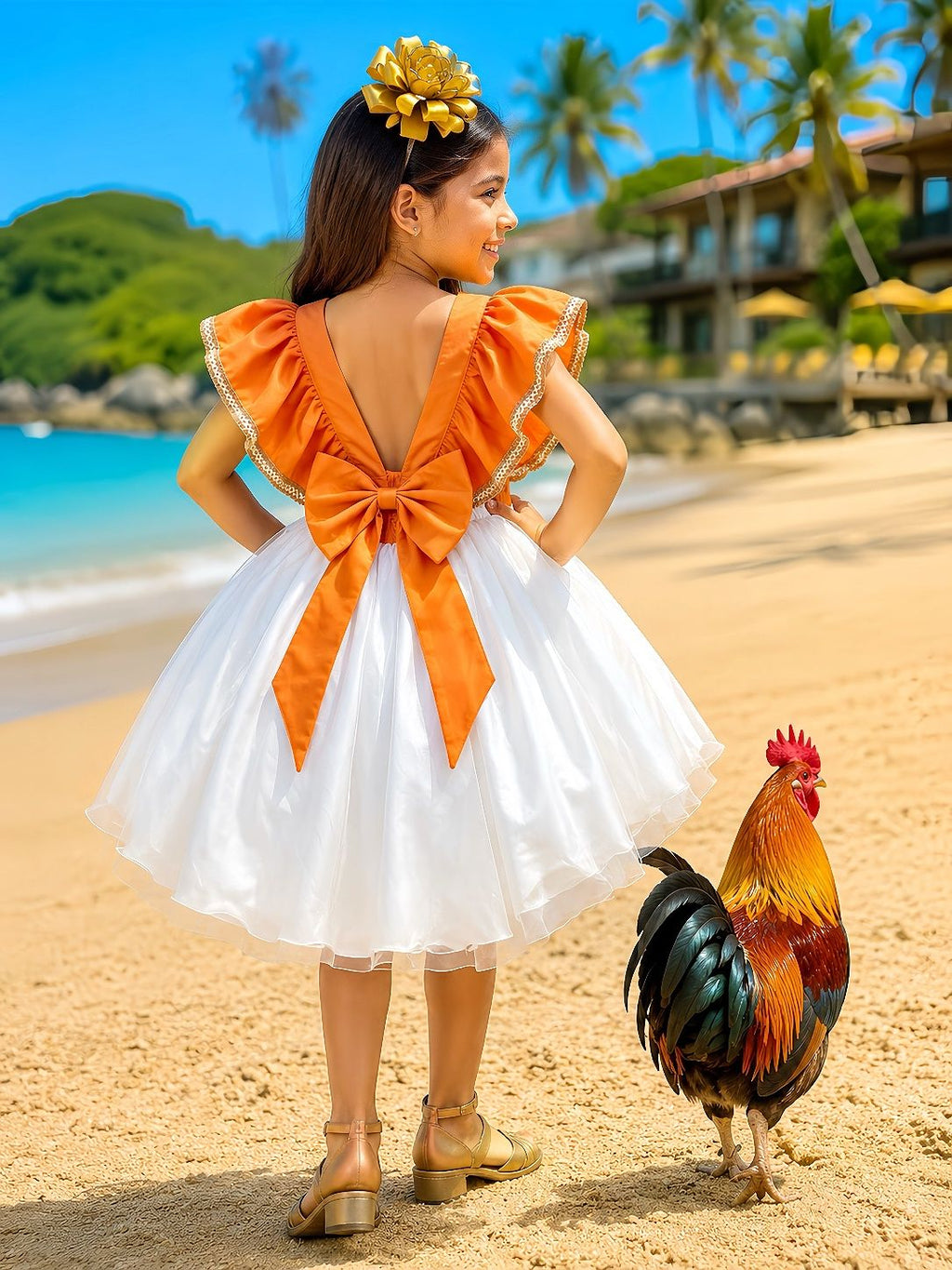 Vestido Infantil Laranja com Apliques de Flores para Festa