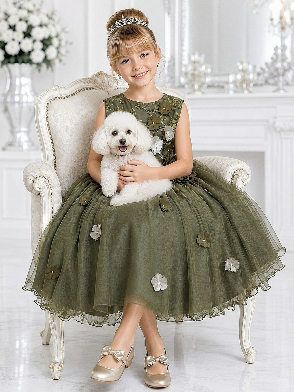 Vestido Infantil Verde com Renda e Aplique de Flores para Damas