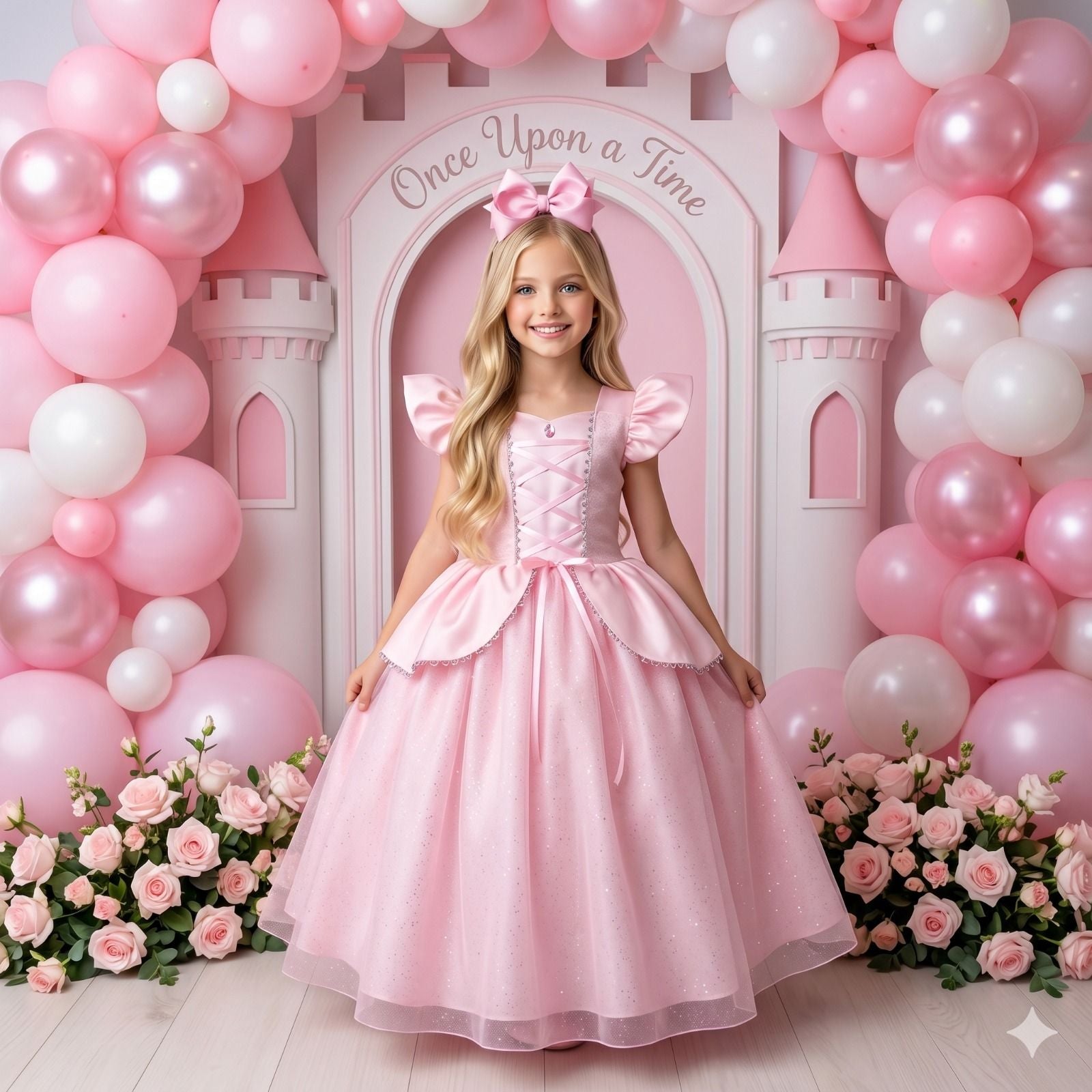 Vestido Longo A Bela Adormecida para Mini Miss com Tule Brilhante e Mangas Bufantes