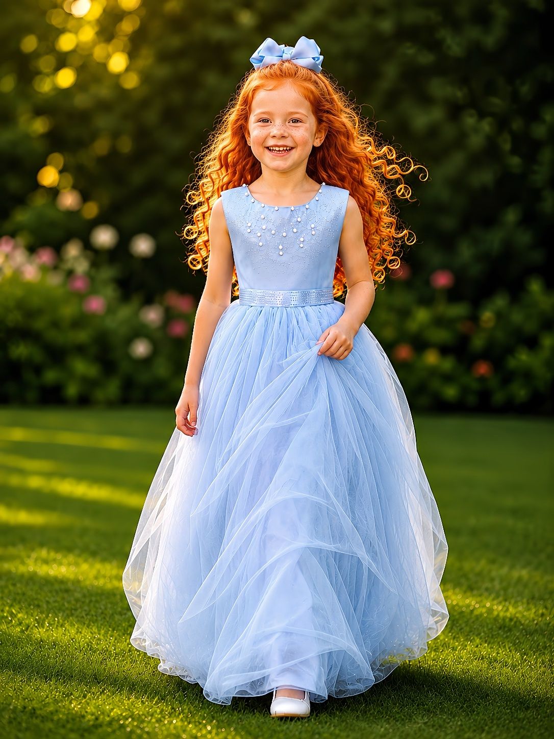 Vestido Longo Infantil Azul com Strass e Pérolas para Damas de Honra