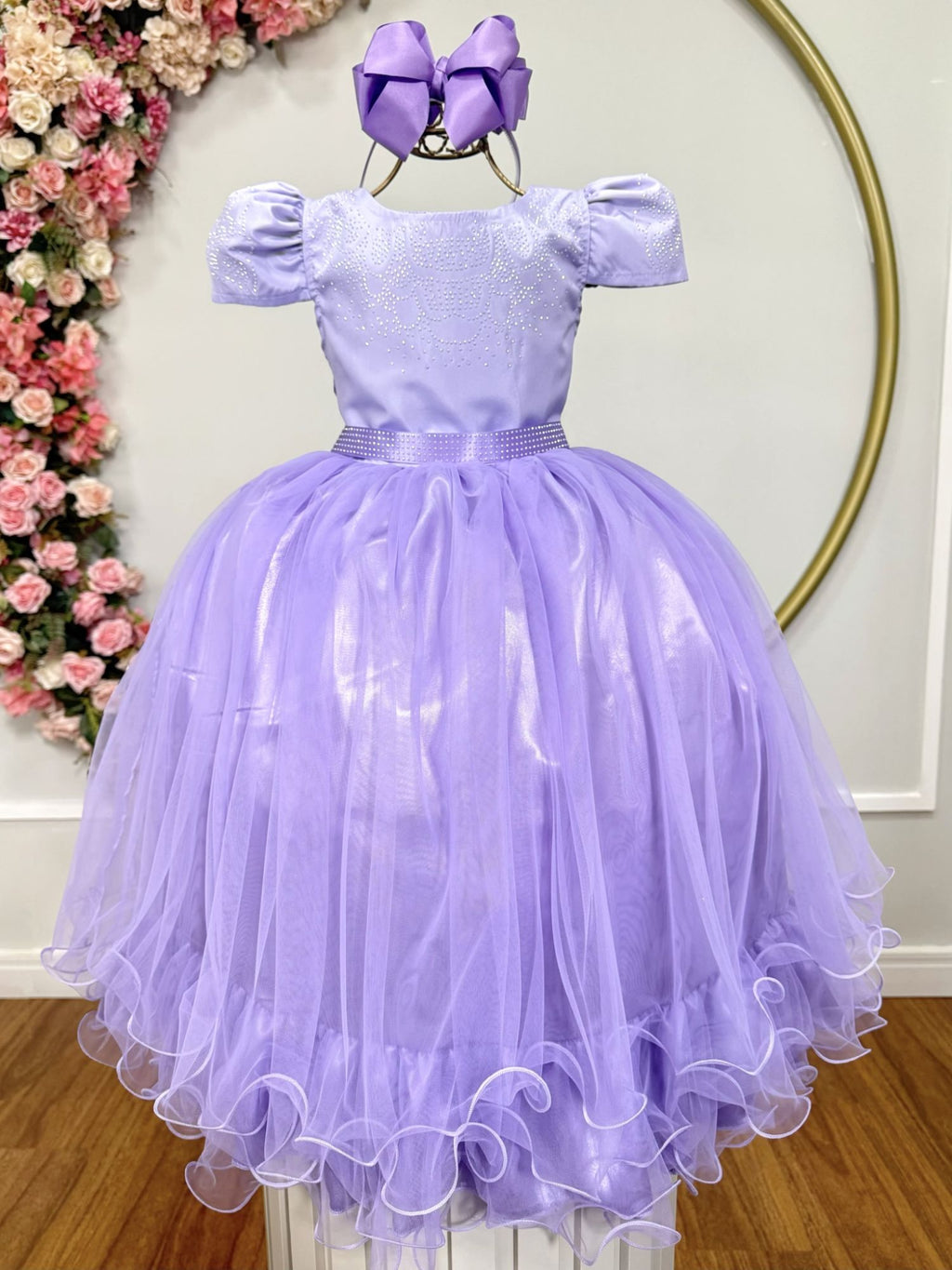 Vestido Infantil Lilás com Strass para Casamentos e Festas Luxuosas