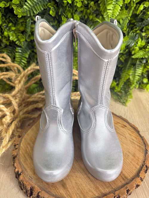 Bota Infantil em Courino para Inverno com Zíper e Salto Prata