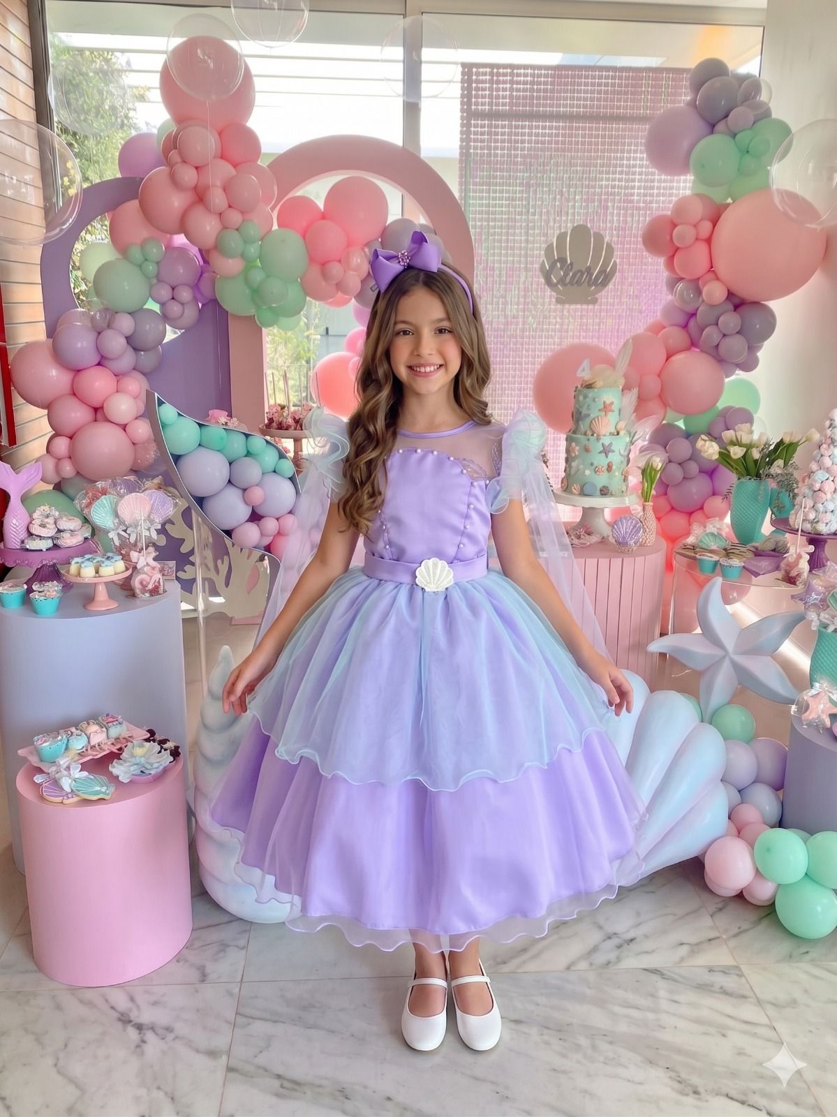 Vestido Infantil Lilás Temático Sereia em Tule para Festas