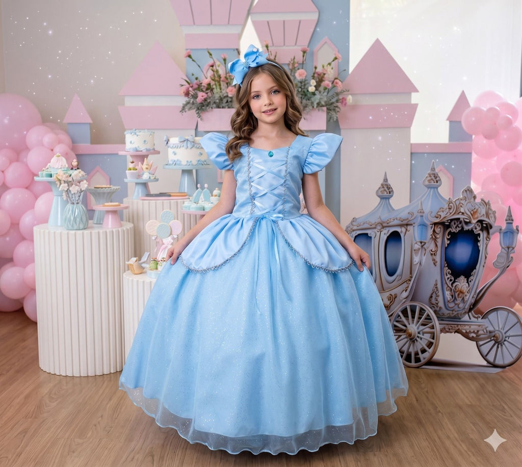 Vestido Longo Cinderela com Tule Brilhante e Mangas Bufantes