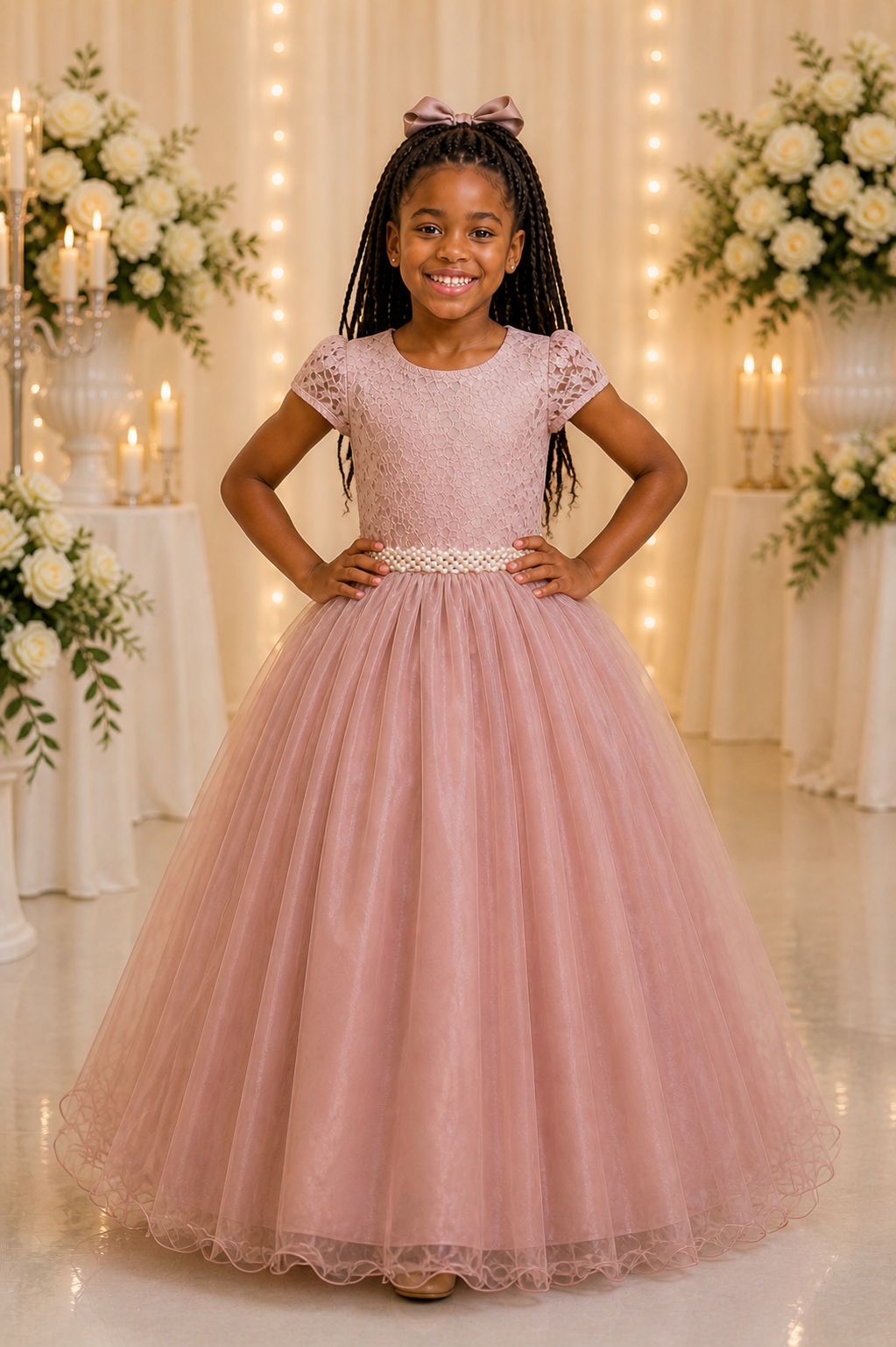 Vestido Longo Infantil em Rosa com Renda e Pérolas para Festas