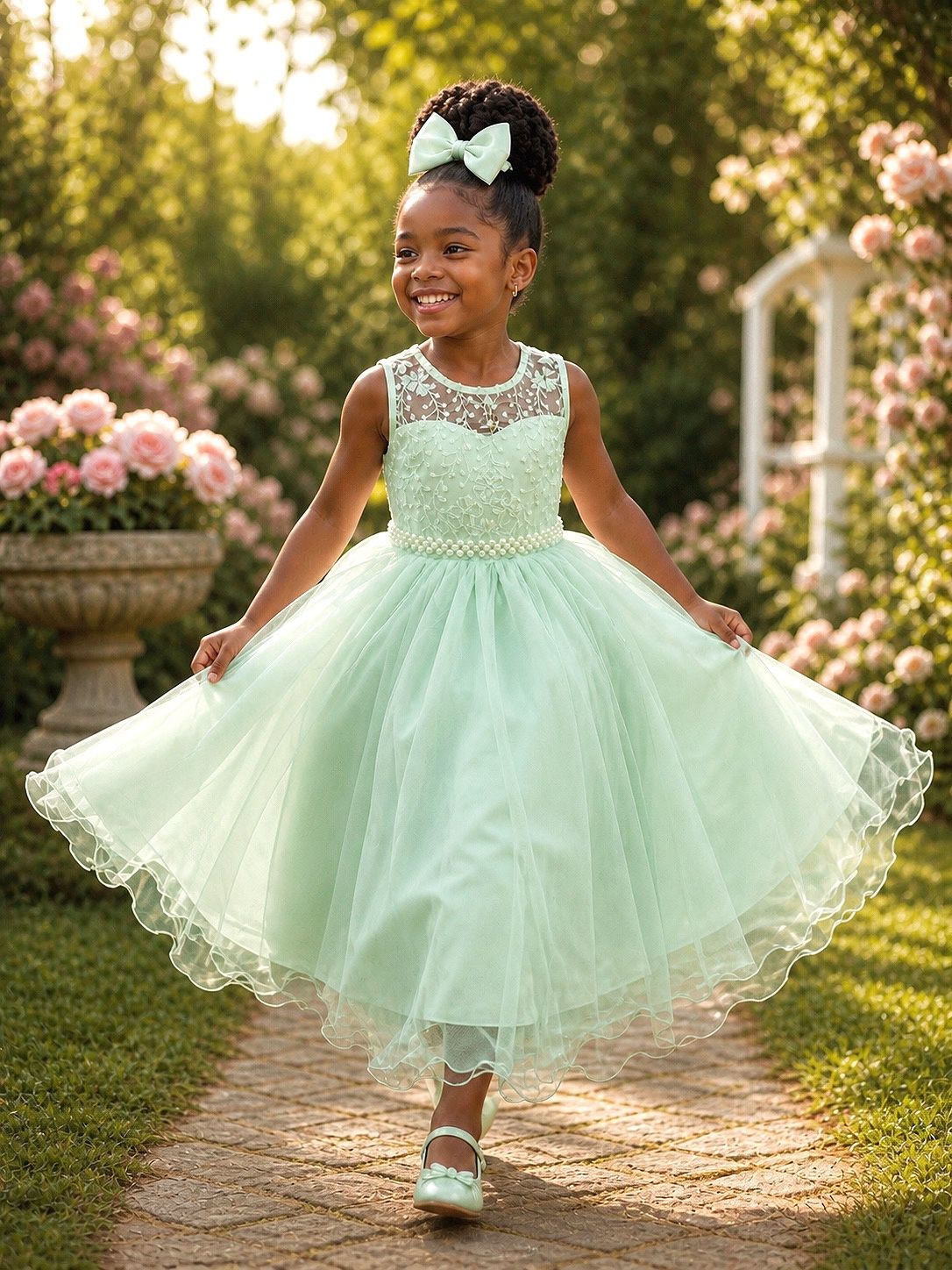 Vestido Infantil Longo Verde Menta com Renda e Pérolas para Festas