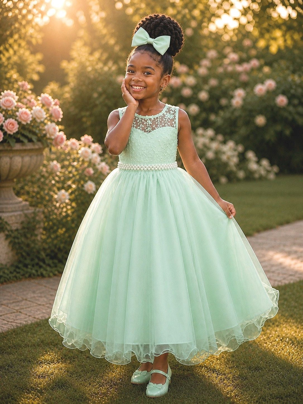 Vestido Infantil Longo Verde Menta com Renda e Pérolas para Festas