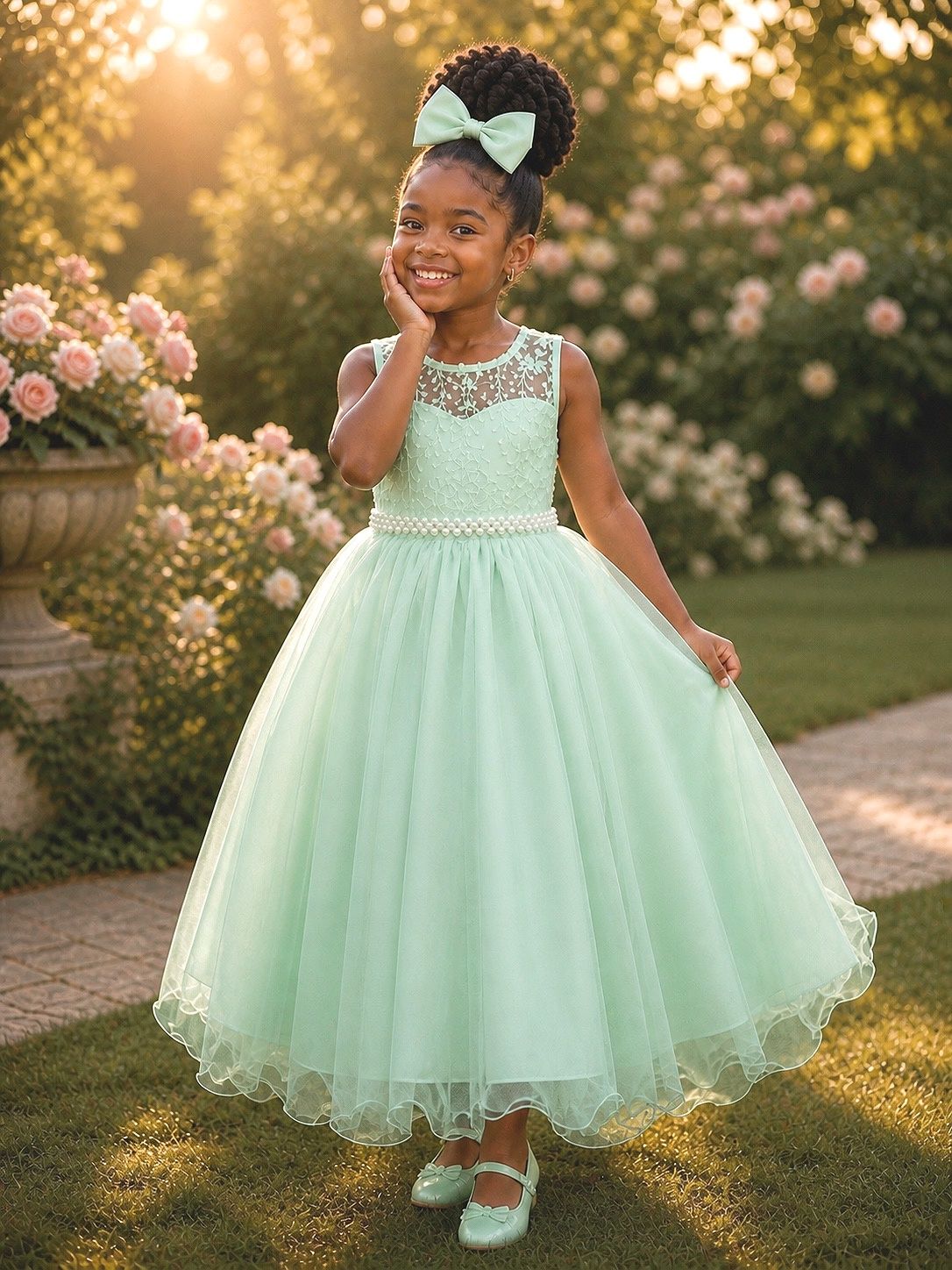 Vestido Infantil Longo Verde Menta com Renda e Pérolas para Festas