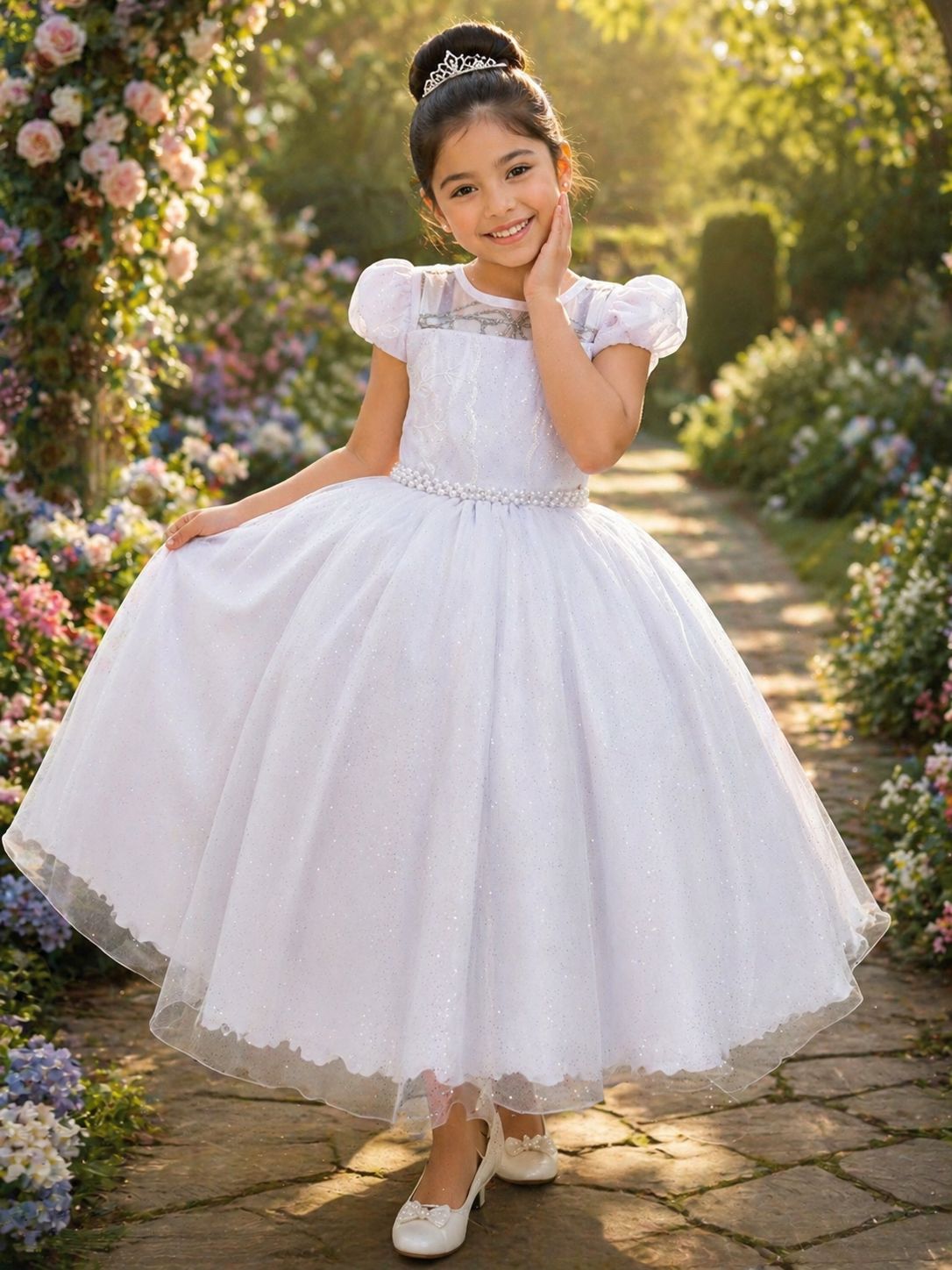 Vestido Infantil Branco com Busto em Renda e Bordado para Festas
