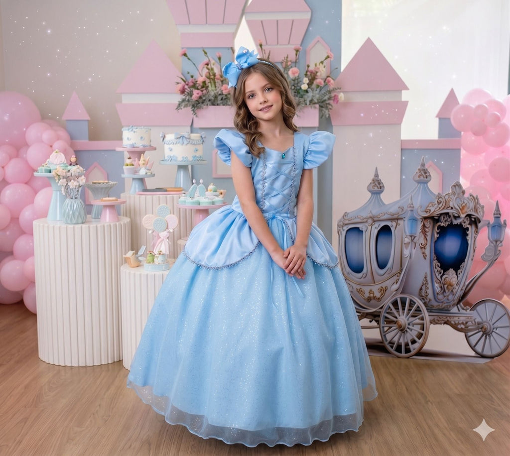 Vestido Longo Cinderela com Tule Brilhante e Mangas Bufantes