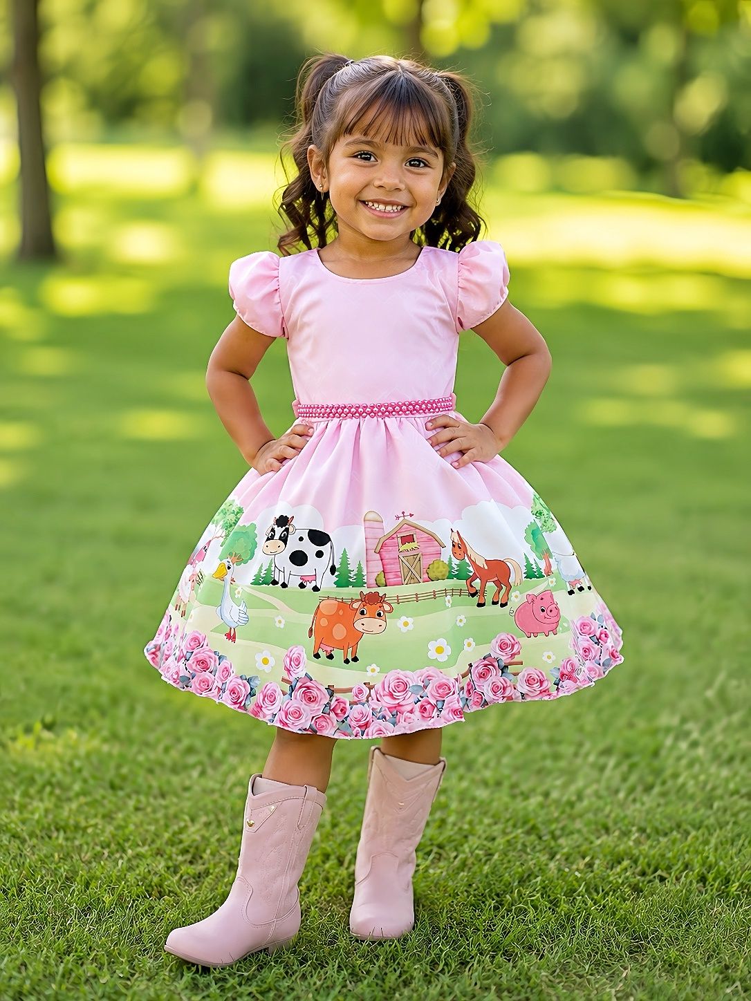 Vestido Infantil Rosa com Pérolas para Festas Baby Fazendinha