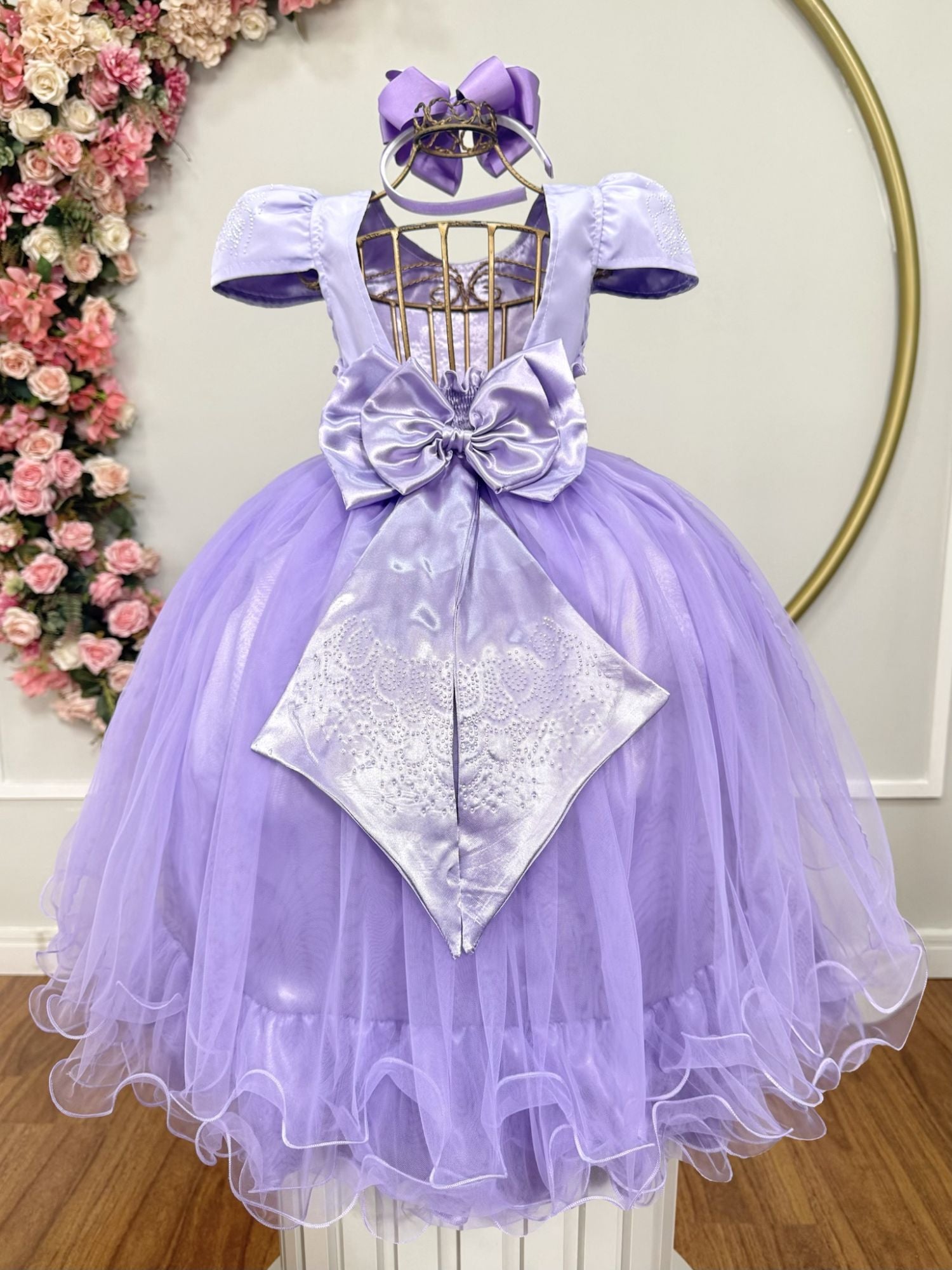 Vestido Infantil Lilás com Strass para Casamentos e Festas Luxuosas