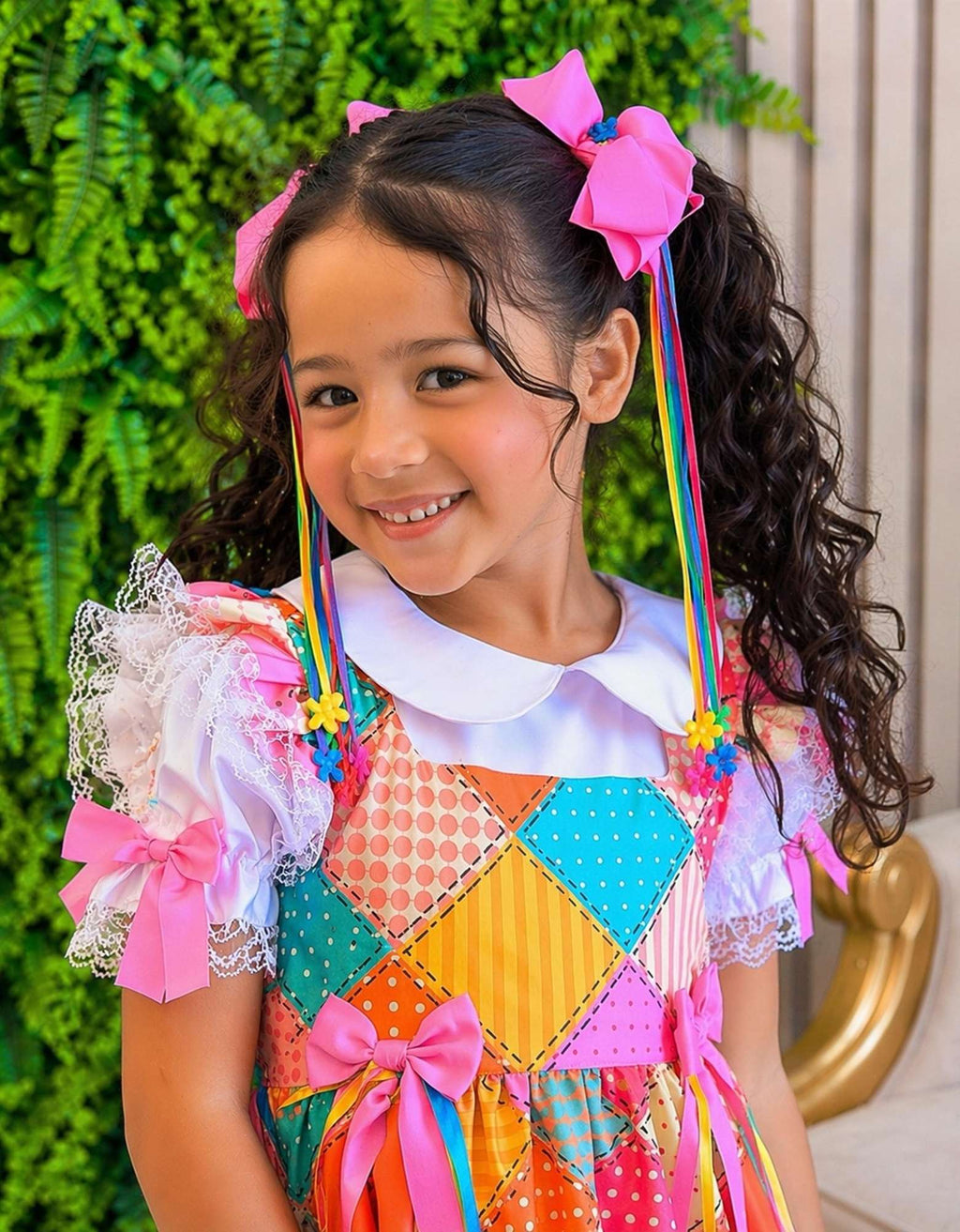 Conjunto Junino para Meninas com Blusa Branca e Saia Xadrez Colorida