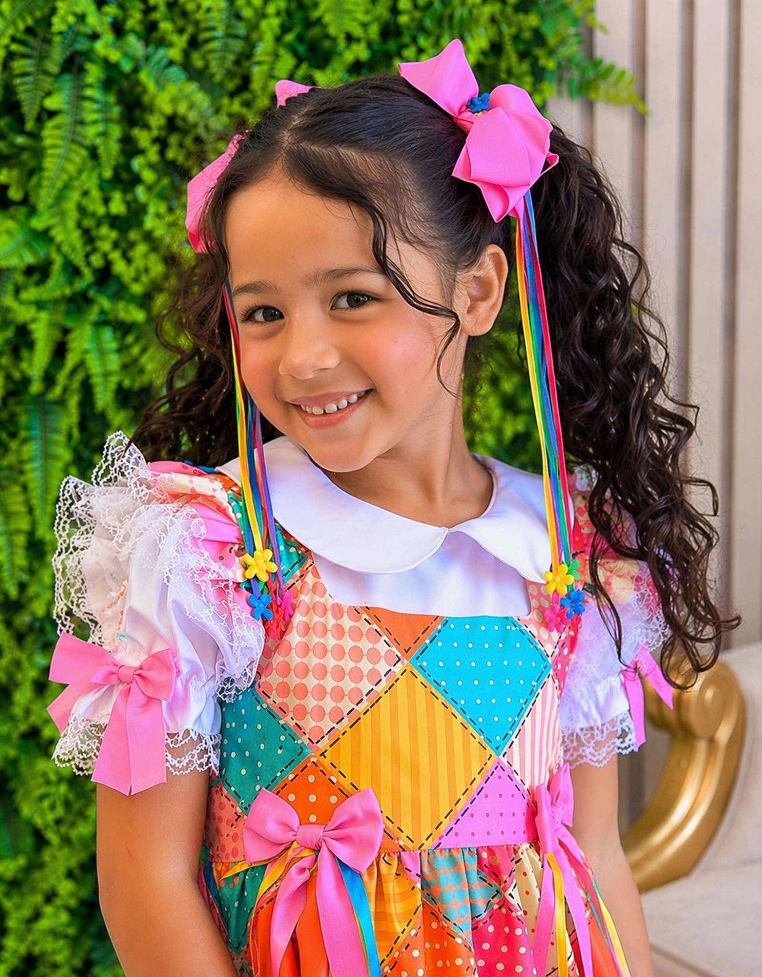 Conjunto Junino para Meninas com Blusa Branca e Saia Xadrez Colorida