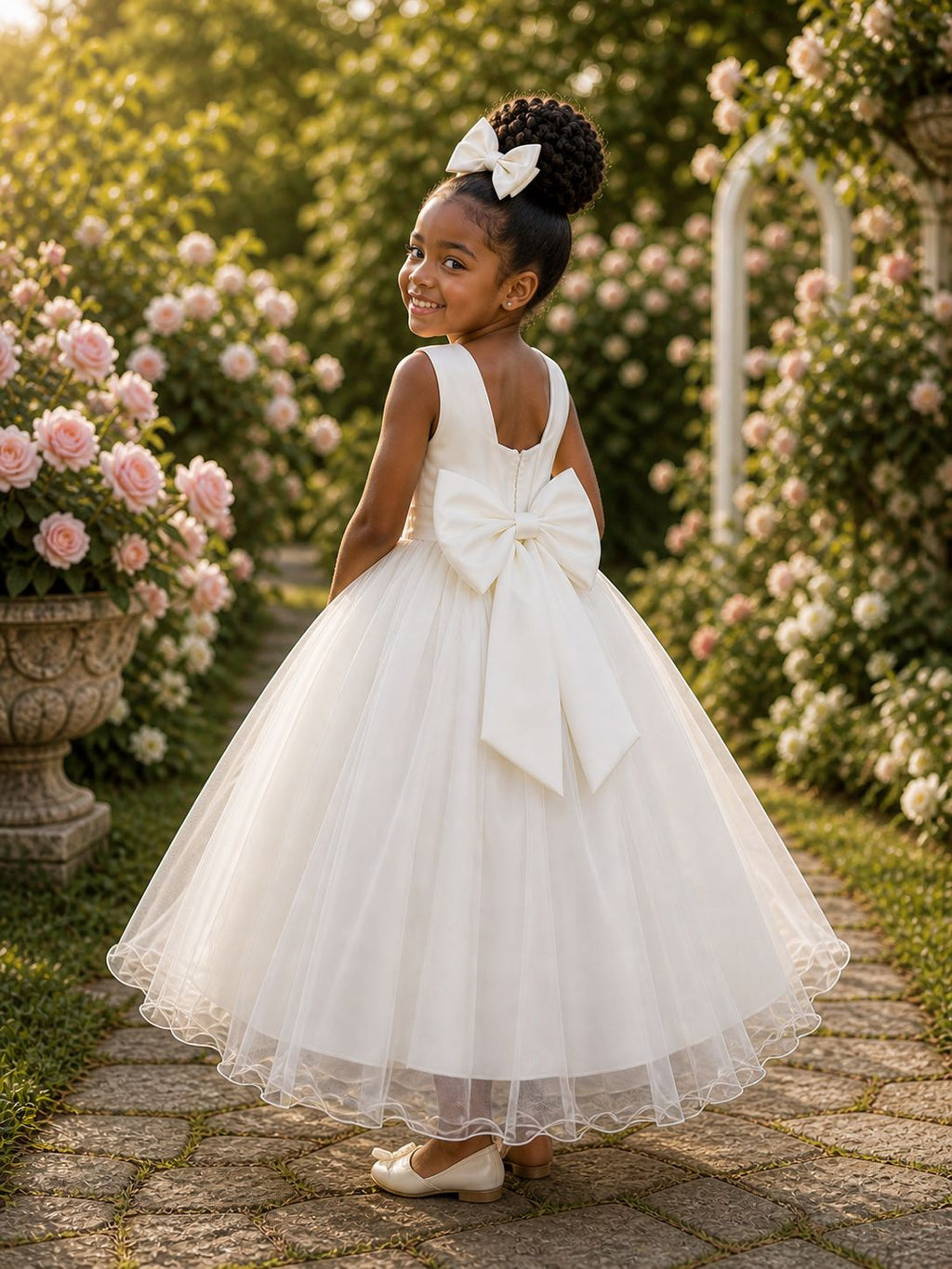 Vestido Infantil Longo Off White Com Renda e Pérolas para Damas de Luxo