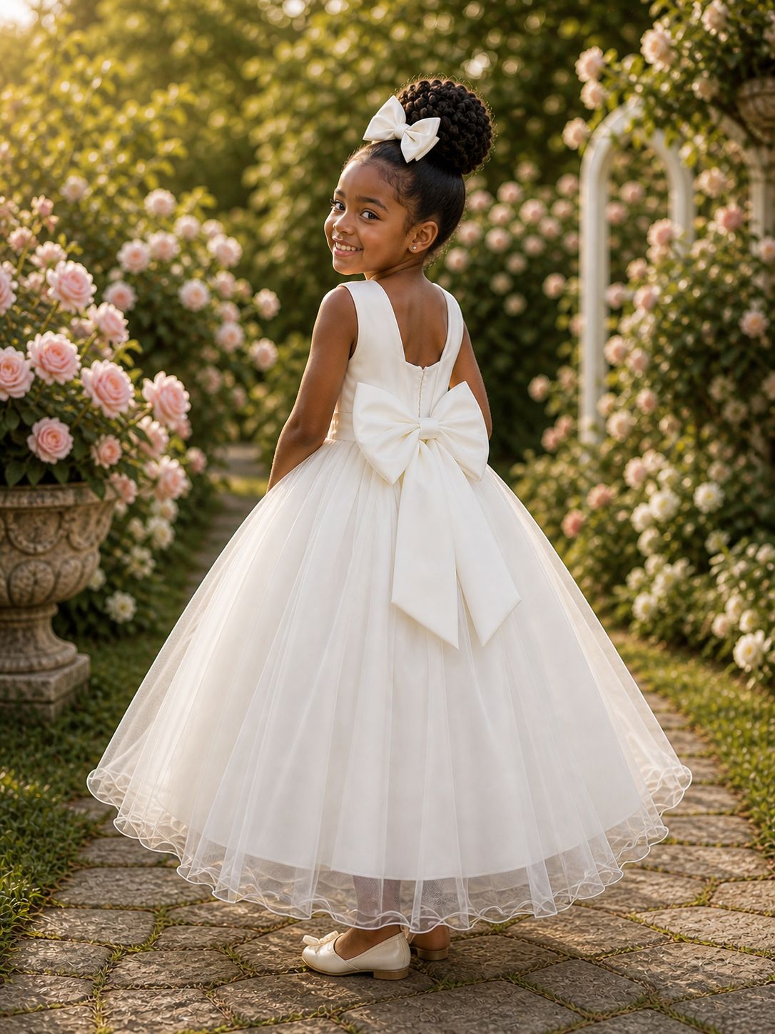 Vestido Infantil Longo Off White Com Renda e Pérolas para Damas de Luxo