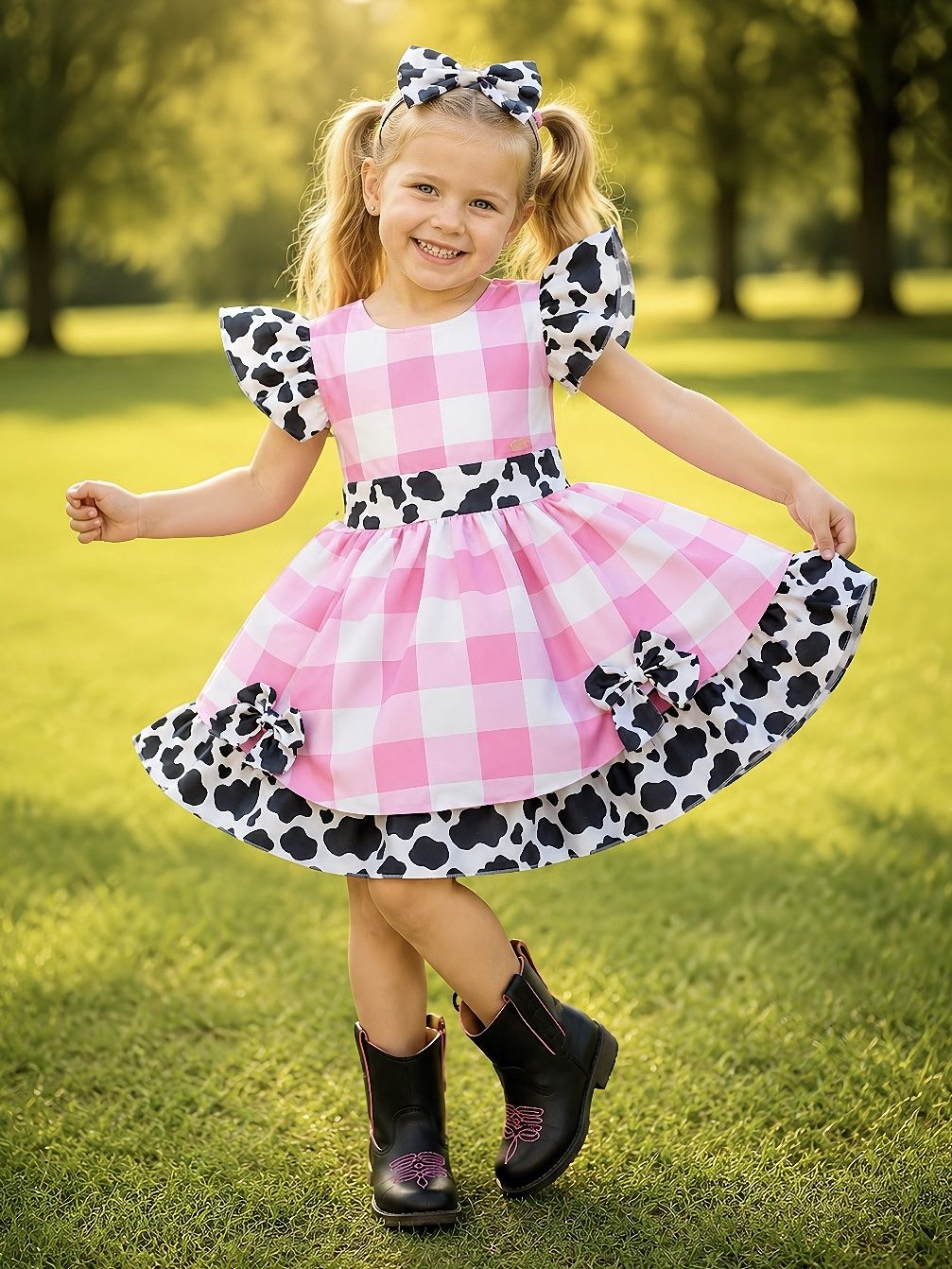 Vestido Infantil Xadrez Branco e Rosa com Estampa de Vaquinha