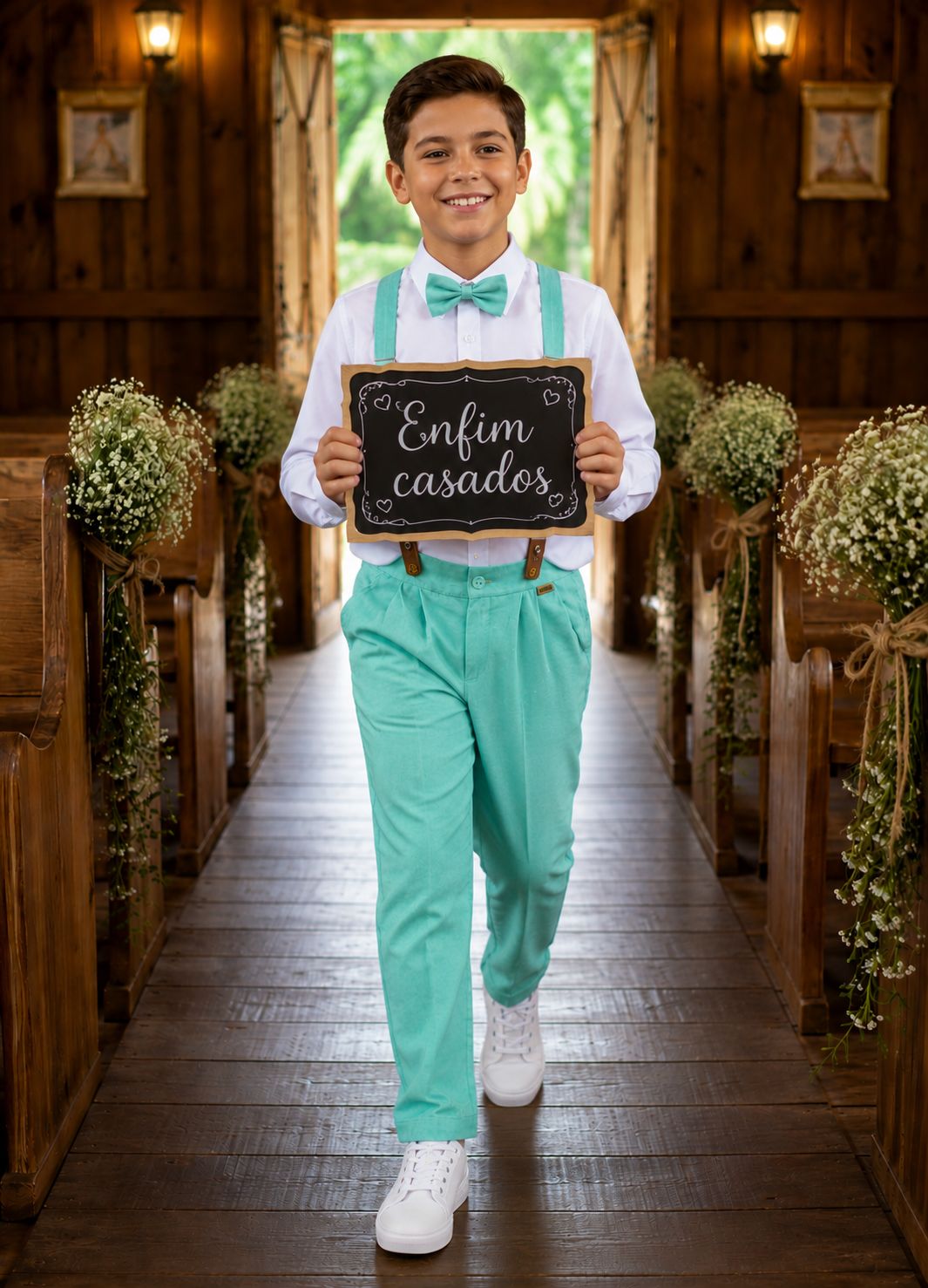 Conjunto Social Pajem Camisa Branca com Calça Verde e Suspensório