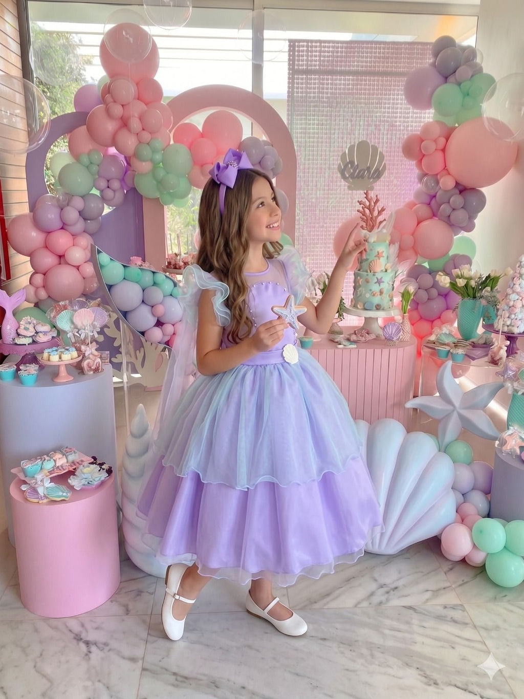 Vestido Infantil Lilás Temático Sereia em Tule para Festas