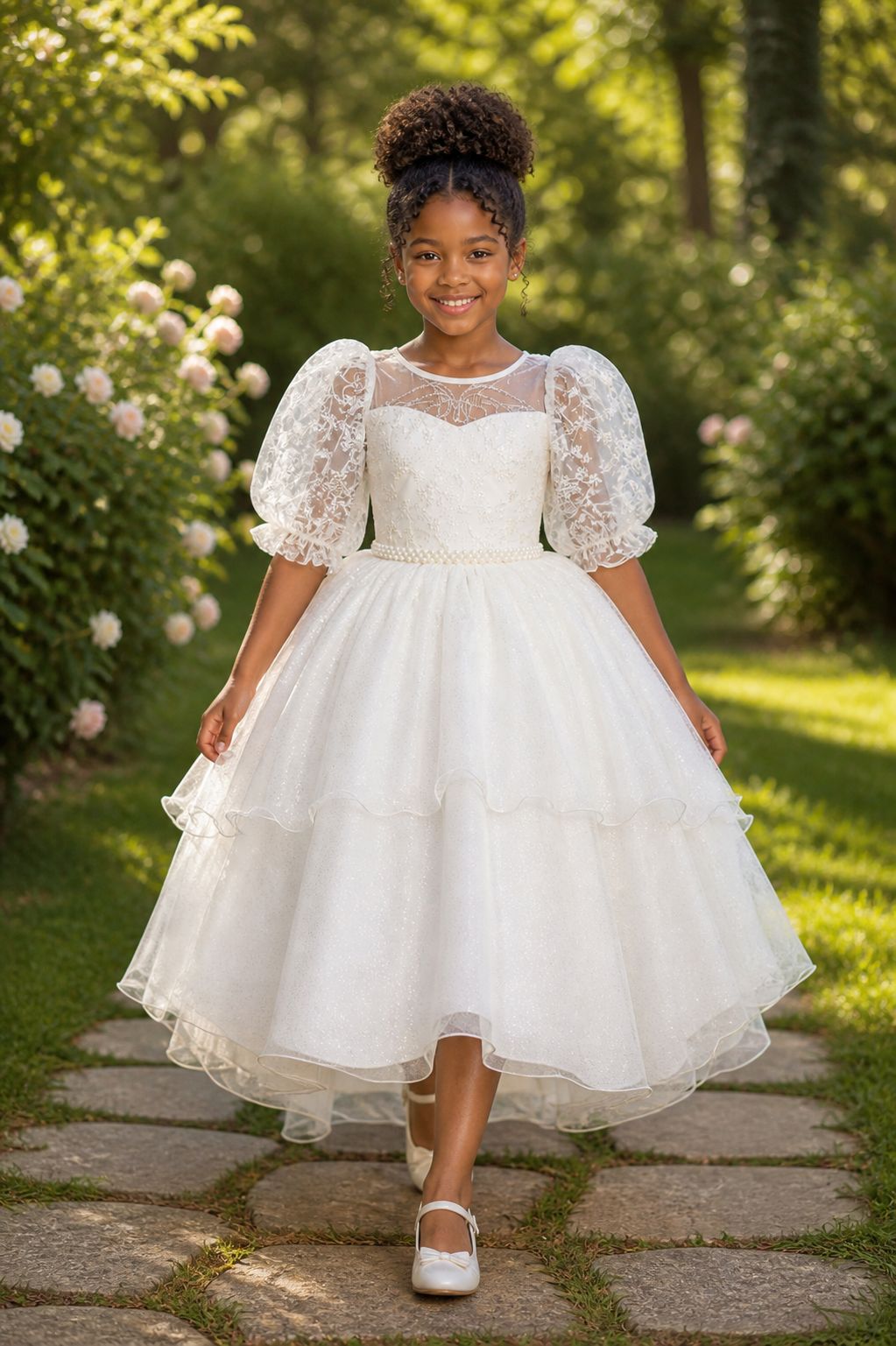 Vestido Infantil Off White Com Busto Bordado E Pérolas Para Daminhas De Festas