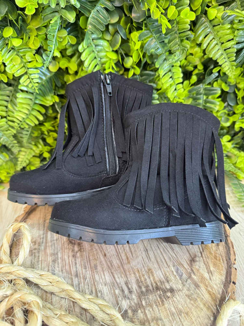 Bota Infantil Preta de Camurça com Franjas para Inverno