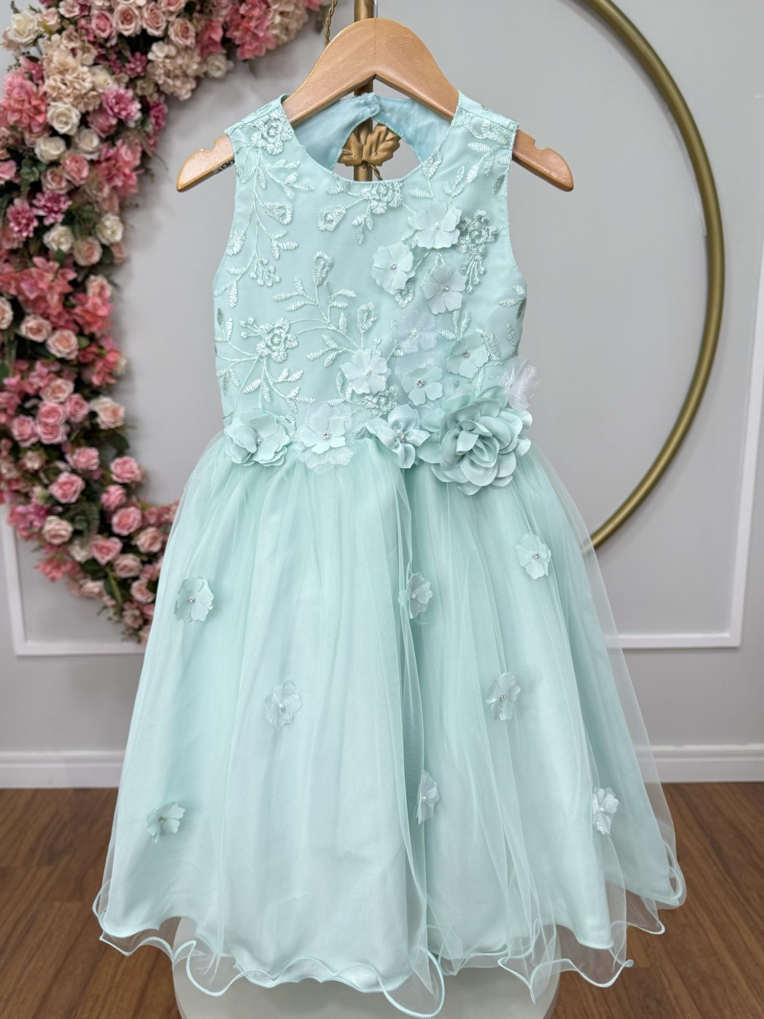 Vestido Infantil Verde Acqua Com Renda e Aplique de Flores