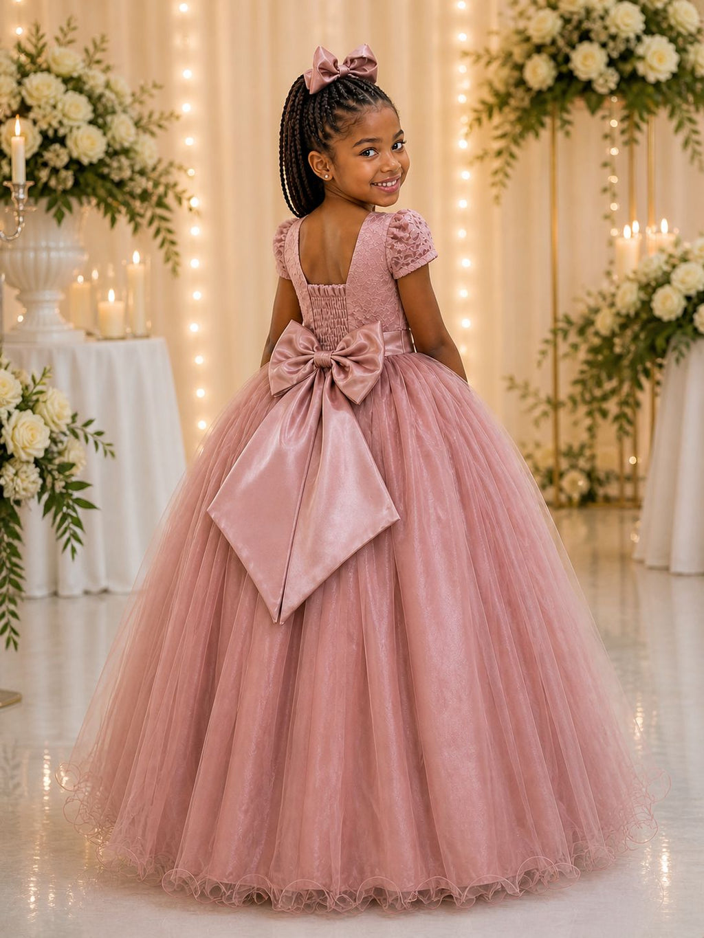 Vestido Longo Infantil em Rosa com Renda e Pérolas para Festas