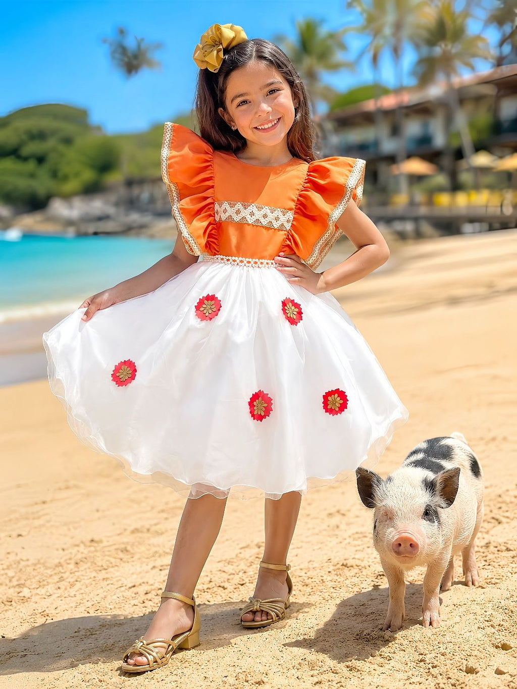 Vestido Infantil Laranja com Apliques de Flores para Festa