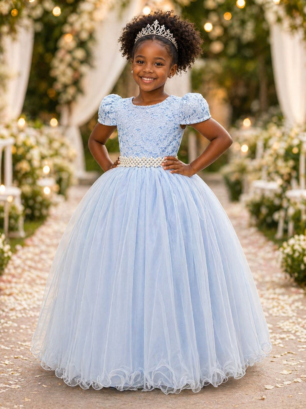 Vestido Longo Infantil Azul com Renda para Festas Luxuosas