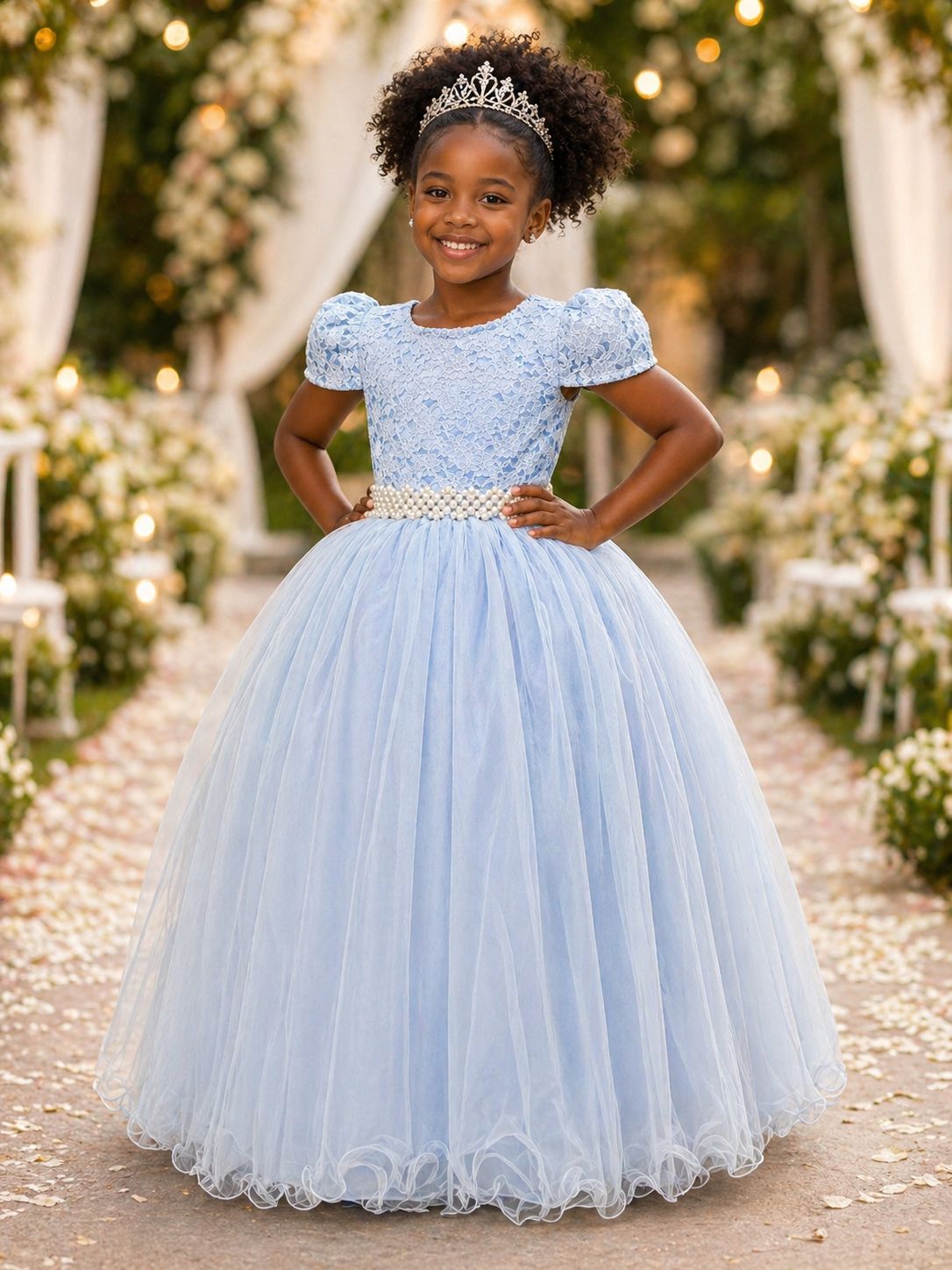 Vestido Longo Infantil Azul com Renda para Festas Luxuosas