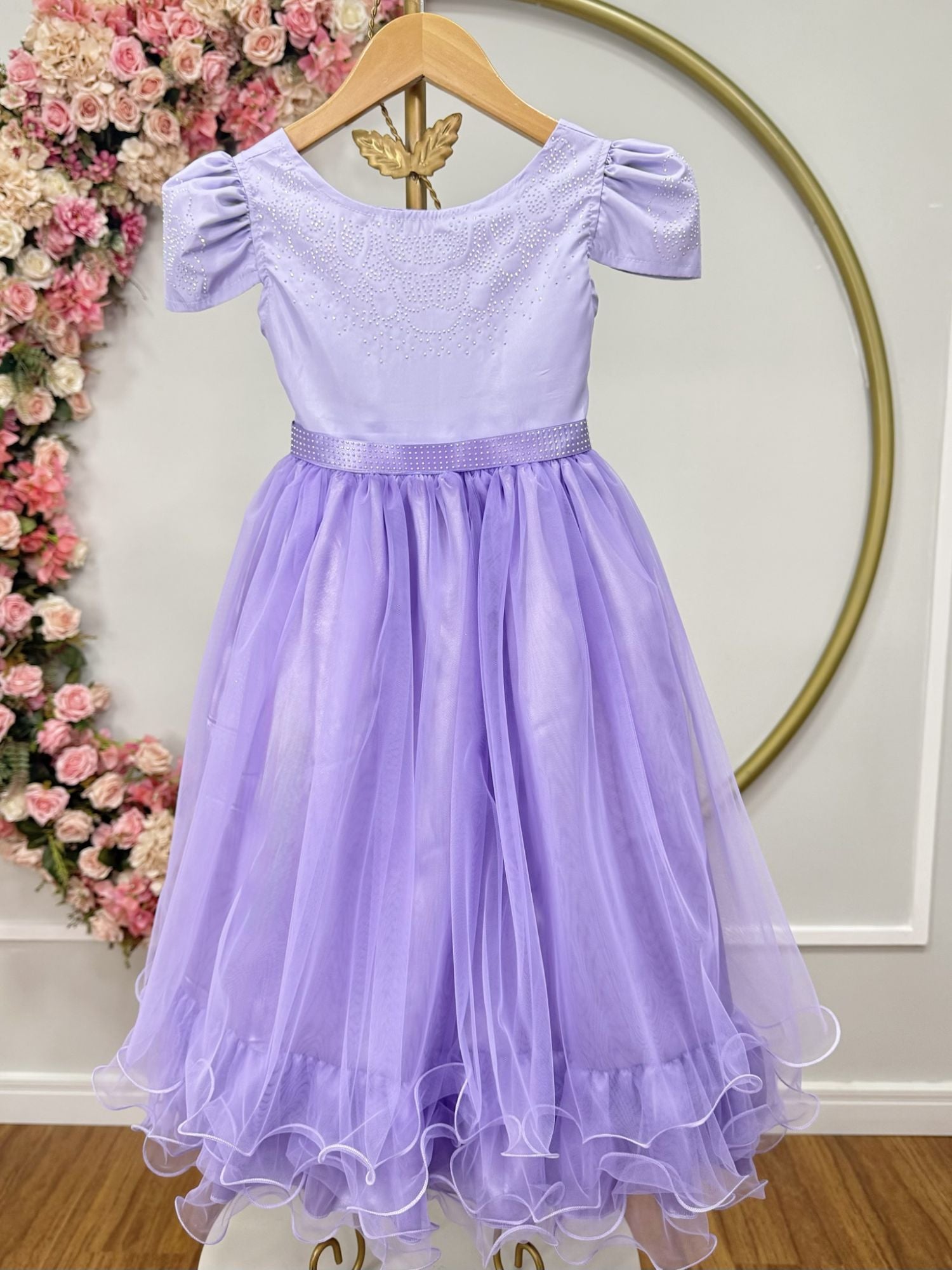 Vestido Infantil Lilás com Strass para Casamentos e Festas Luxuosas