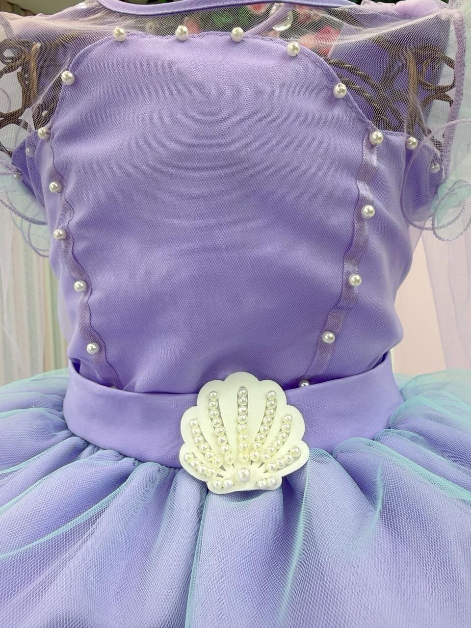Vestido Infantil Lilás Temático Sereia em Tule para Festas
