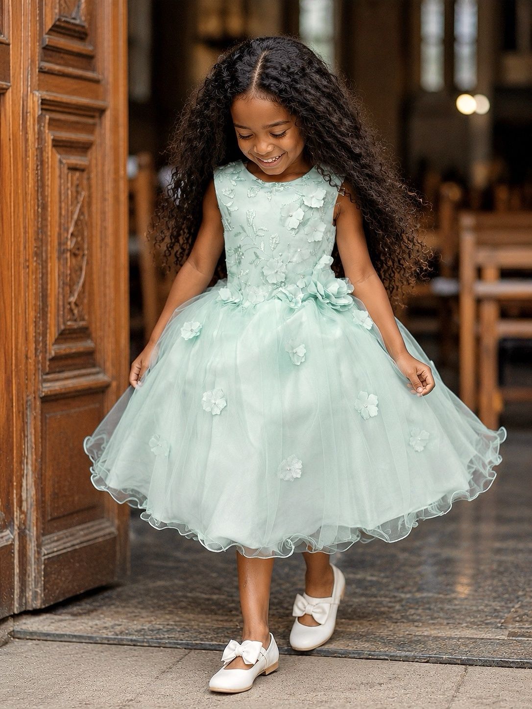 Vestido Infantil Verde Acqua Com Renda e Aplique de Flores