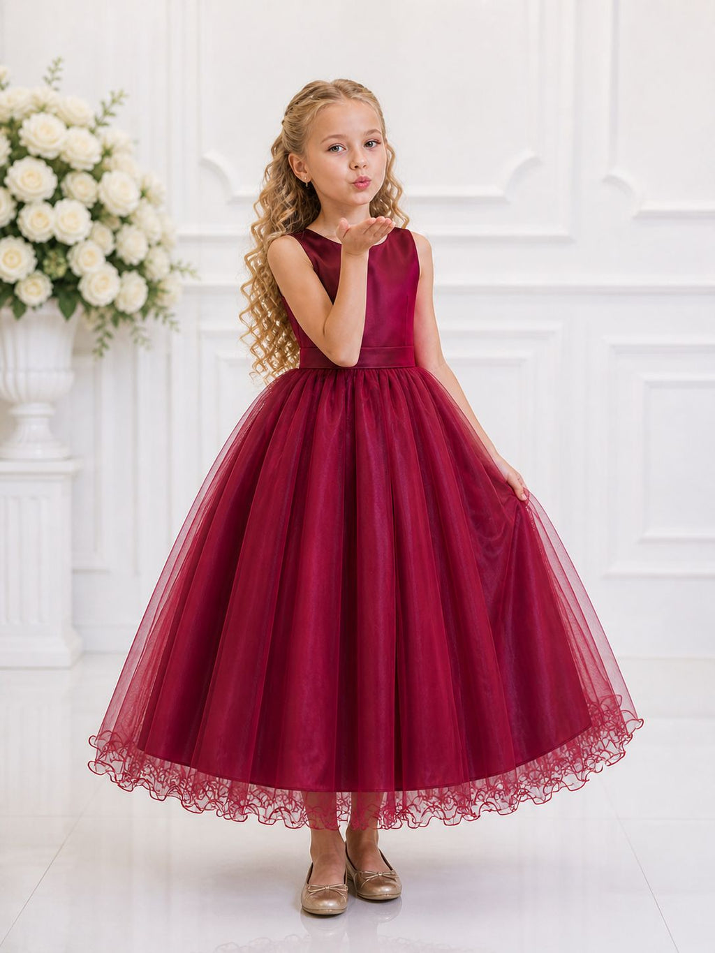 Vestido Infantil Longo Marsala Luxuoso para Daminhas de Casamento